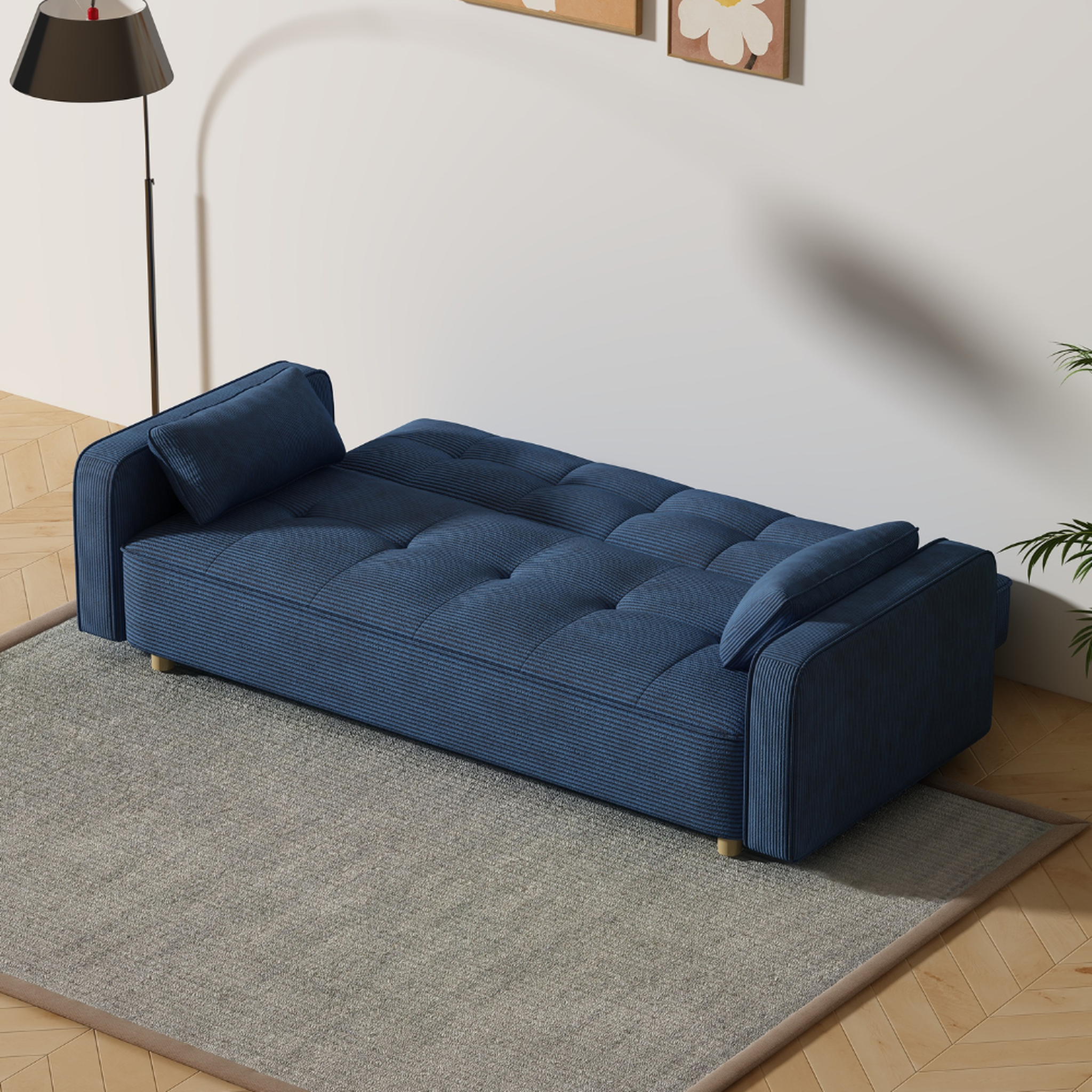 Voir la diapositive 6 : CONCEPT USINE Canapé scandinave convertible 3 places en velours côtelé bleu copenhague