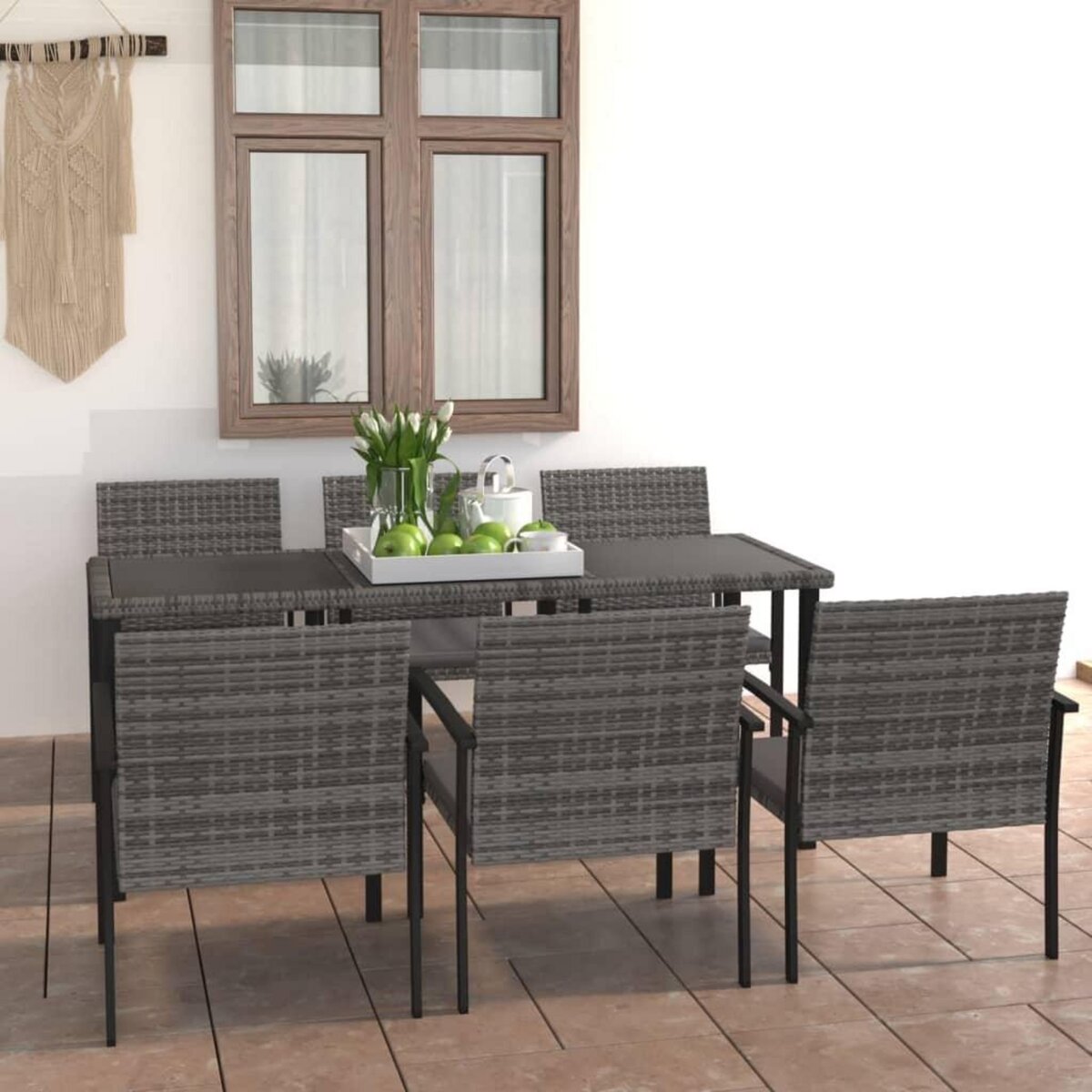 VIDAXL Ensemble a manger de jardin 7 pcs Resine tressee Gris
