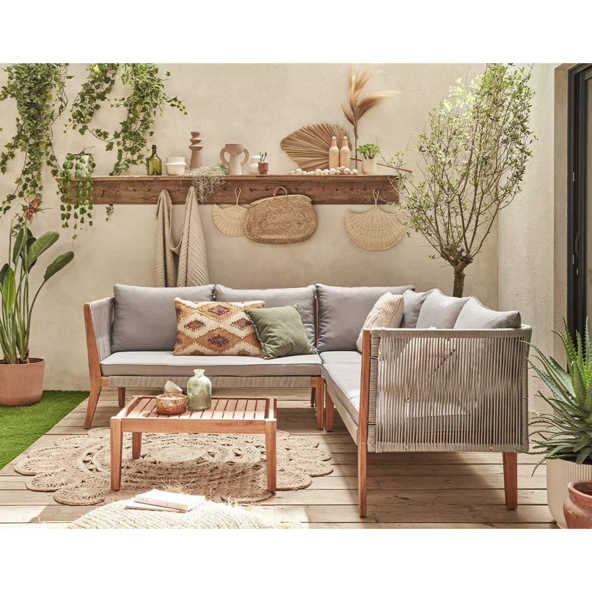 BEST MOBILIER Papua - salon bas de jardin 5 places - bois, corde et coussins gris