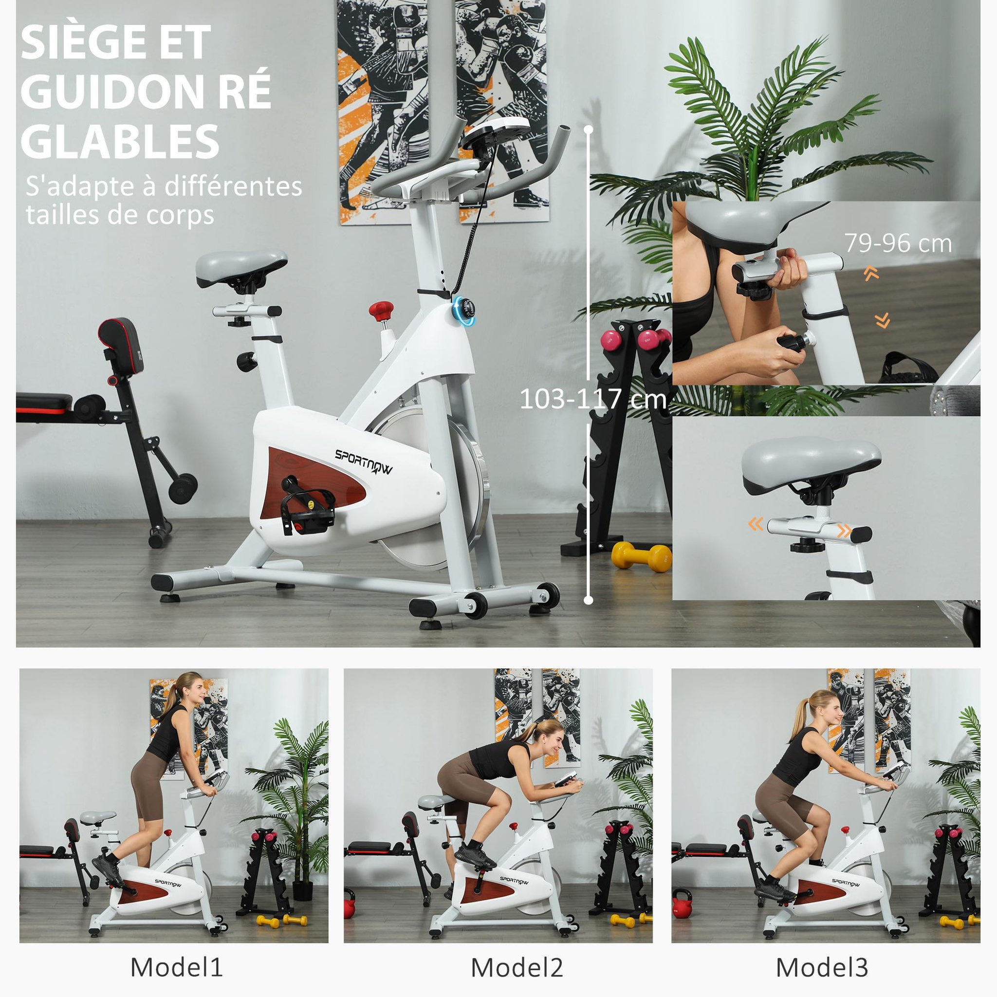 Voir la diapositive 5 : HOMCOM Vélo d'appartement - Vélo de biking spinning réglable - volant d'inertie 4 Kg - rouge gris blanc