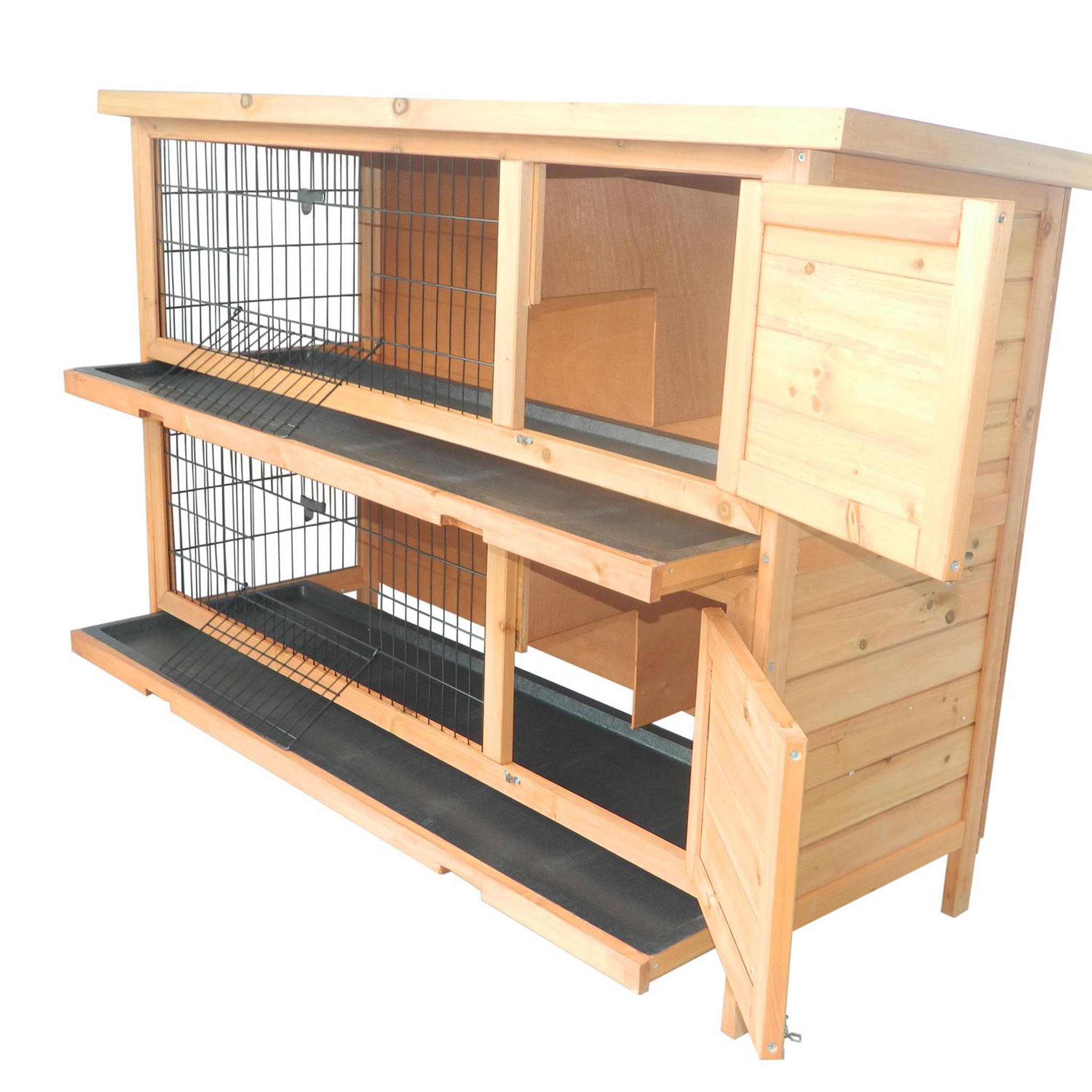 Voir la diapositive 4 : PAWHUT Clapier sur pieds cage à lapin double niveau plateaux excréments coulissants 4 portes verrouillables dim. 137l x 50l x 93h cm bois massif pin toit bitumé vert