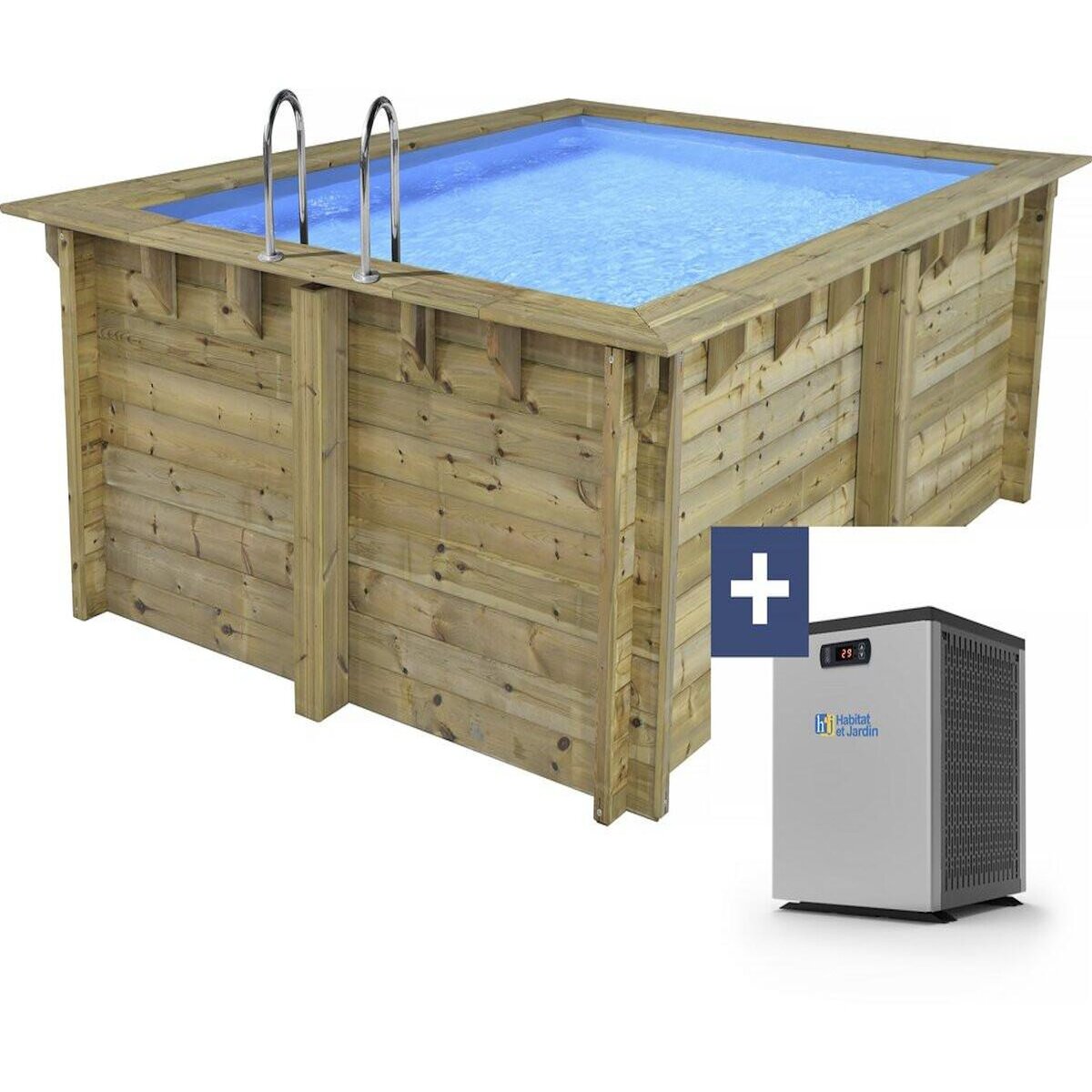 Habitat et Jardin Piscine bois rectangle   Maldives   - 3.20 x 3.20 x 1.24  m + Pompe à chaleur  3.5 kw/h - Hayward -  Micro  - Noir