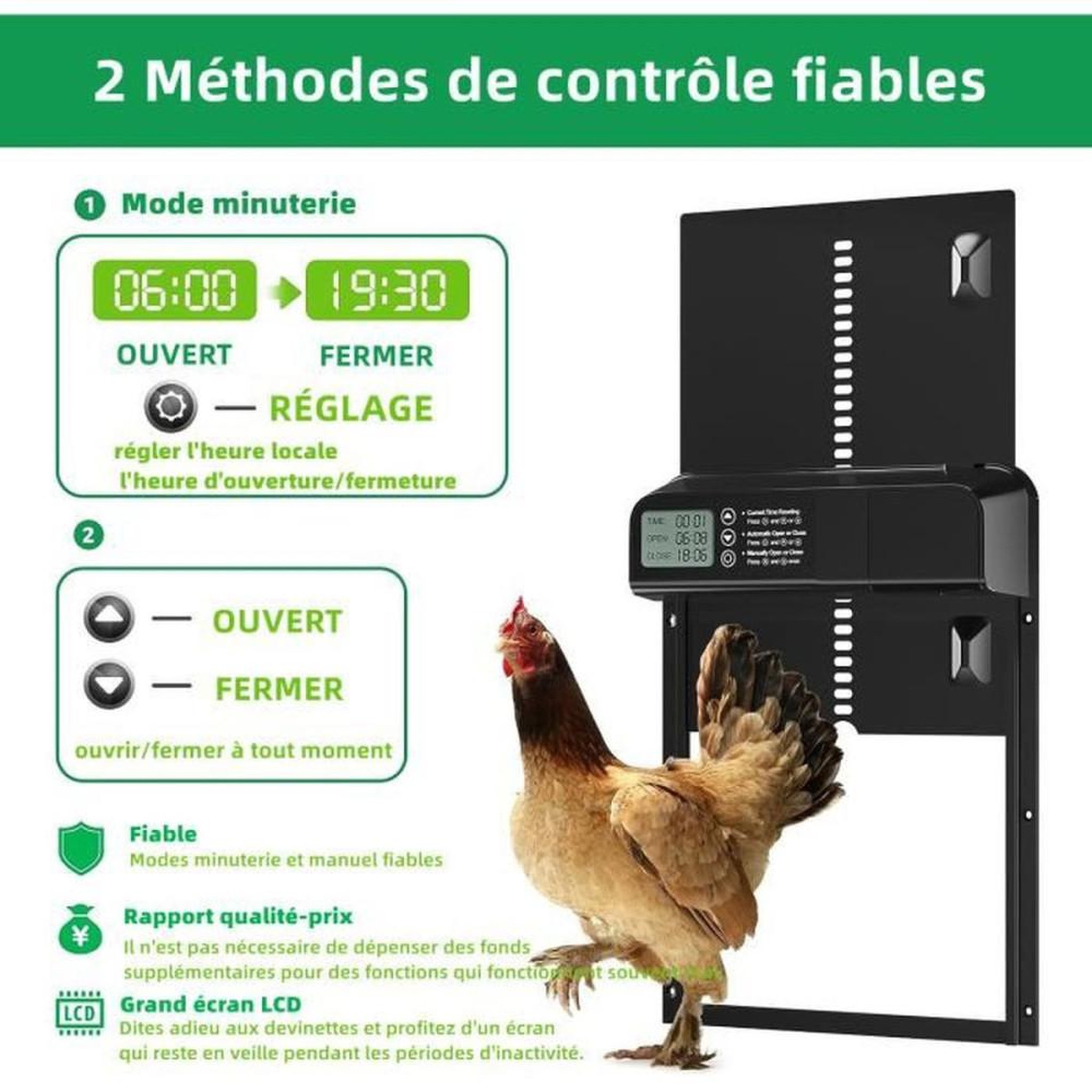 Voir la diapositive 2 : Porte de poulailler automatique LED programmable noir avec minuterie, mode manuel et sécurité anti-pincement IPX4