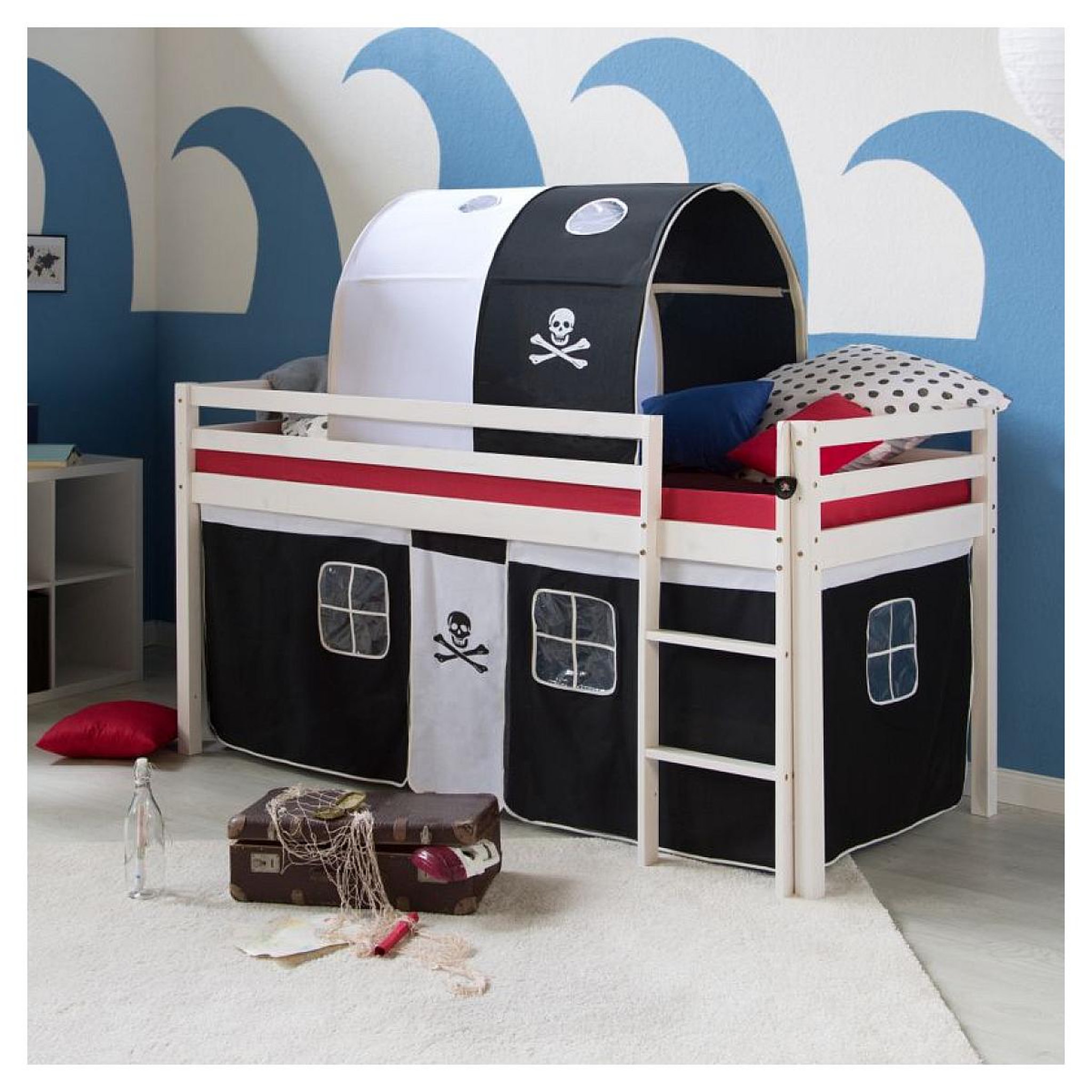 Voir la diapositive 2 : HomeStyle4U Lit mezzanine 90x200 avec sommier noir pirates