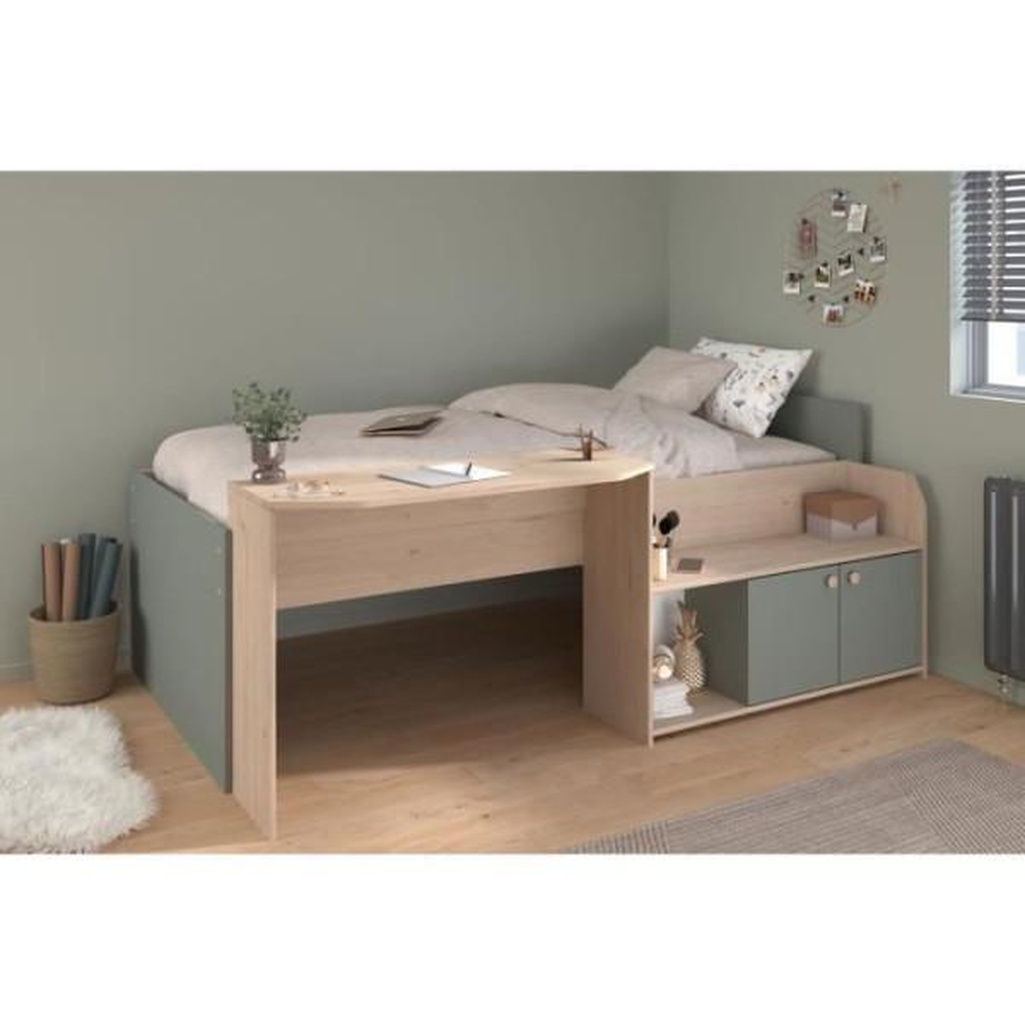 Voir la diapositive 2 : PARISOT Lit combiné enfant 90x190/200 cm JADE - Chene / Vert céladon - Bureau et rangements - PARISOT