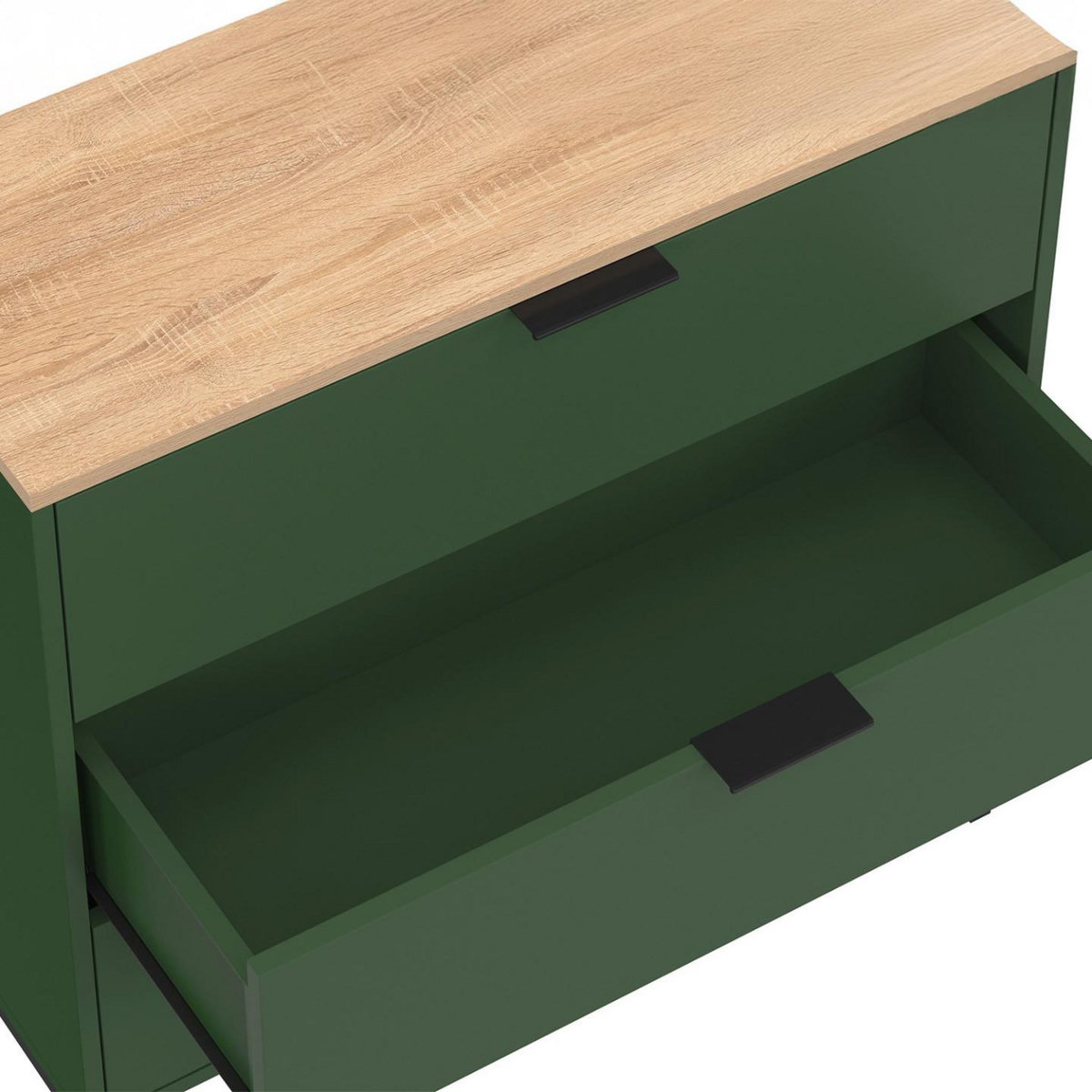 ID MARKET Commode 3 tiroirs KELIA 80 cm vert kaki et plateau bois