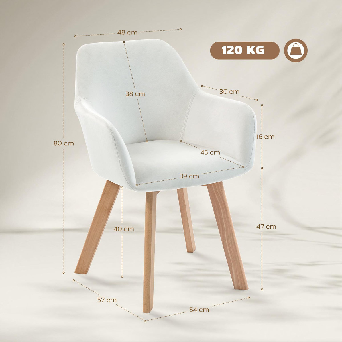 HOMCOM Chaises de visiteur design scandinave - lot de 2 chaises - pieds bois hévéa - assise dossier accoudoirs velours crème