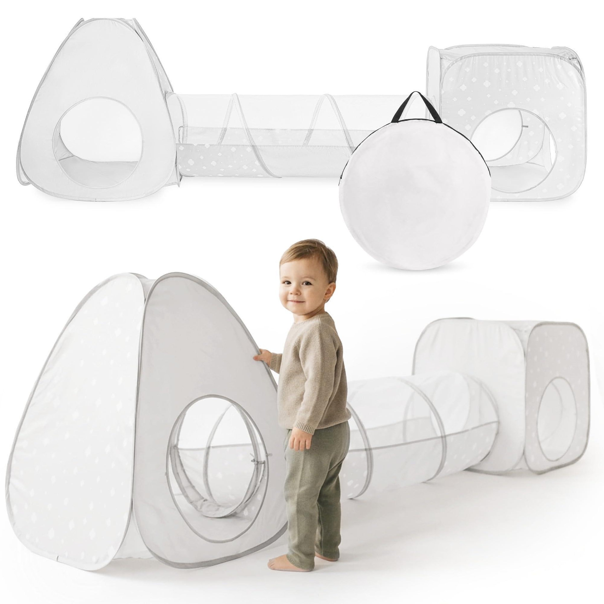 HYPERMOTION Tente Tunnel Enfant Pop-Up 3 en 1 Triangle Cube Labyrinthe Dim 302x80cm Gris
