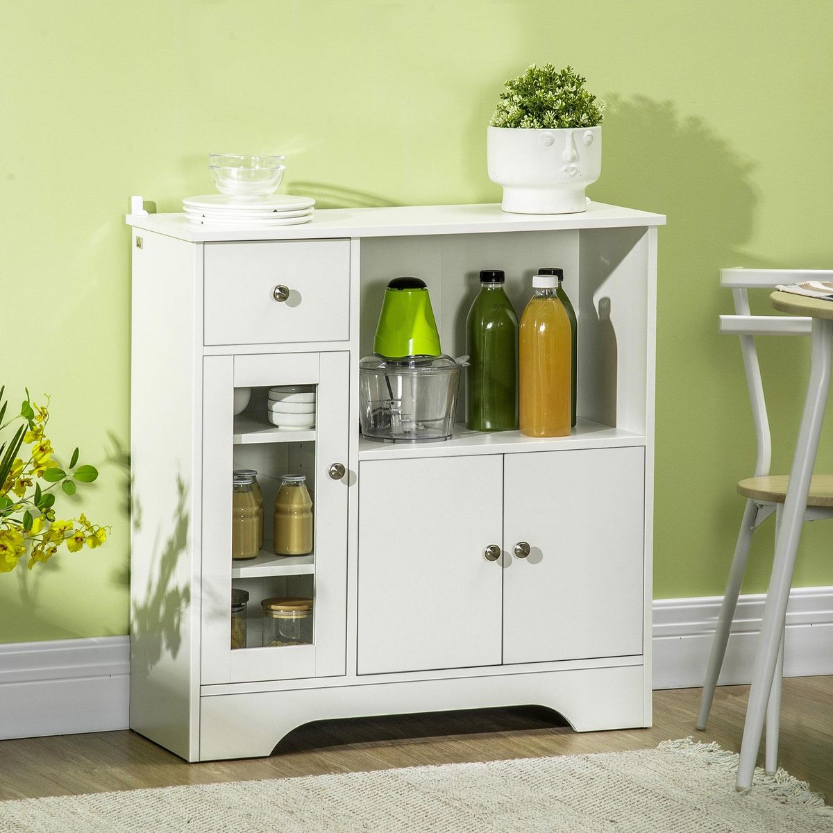 HOMCOM Buffet de cuisine meuble de rangement moderne avec porte en verre, tiroir, grande niche et étagères réglables, 80 x 30 x 82 cm, blanc