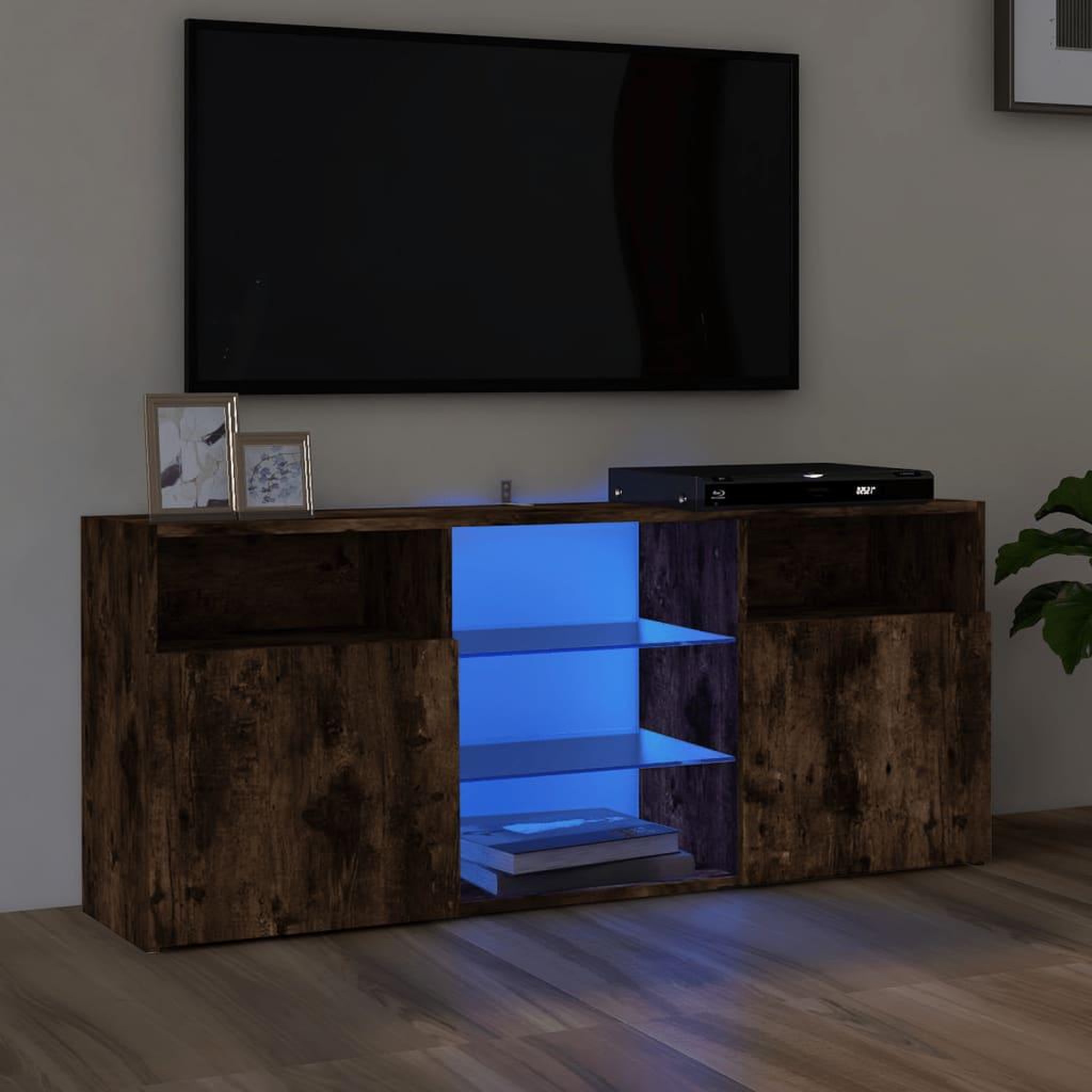 Voir la diapositive 1 : VIDAXL Meuble TV avec lumieres LED Chene fume 120x30x50 cm