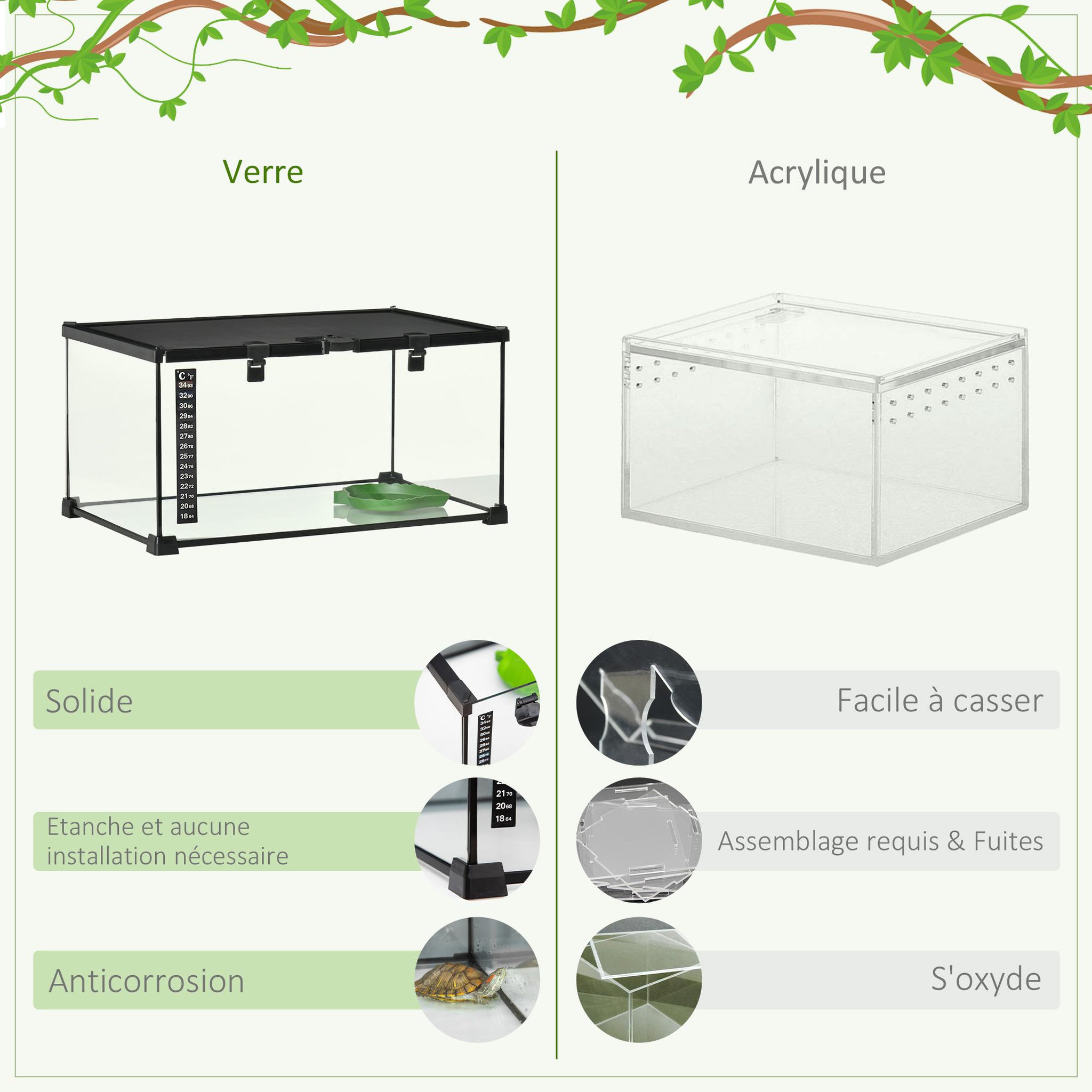 Voir la diapositive 6 : PAWHUT Terrarium en verre - vivarium reptiles & batraciens - habitat tortue - couvercle grillagé coulissant verrouillable - distributeur eau, thermomètre inclus - métal noir verre