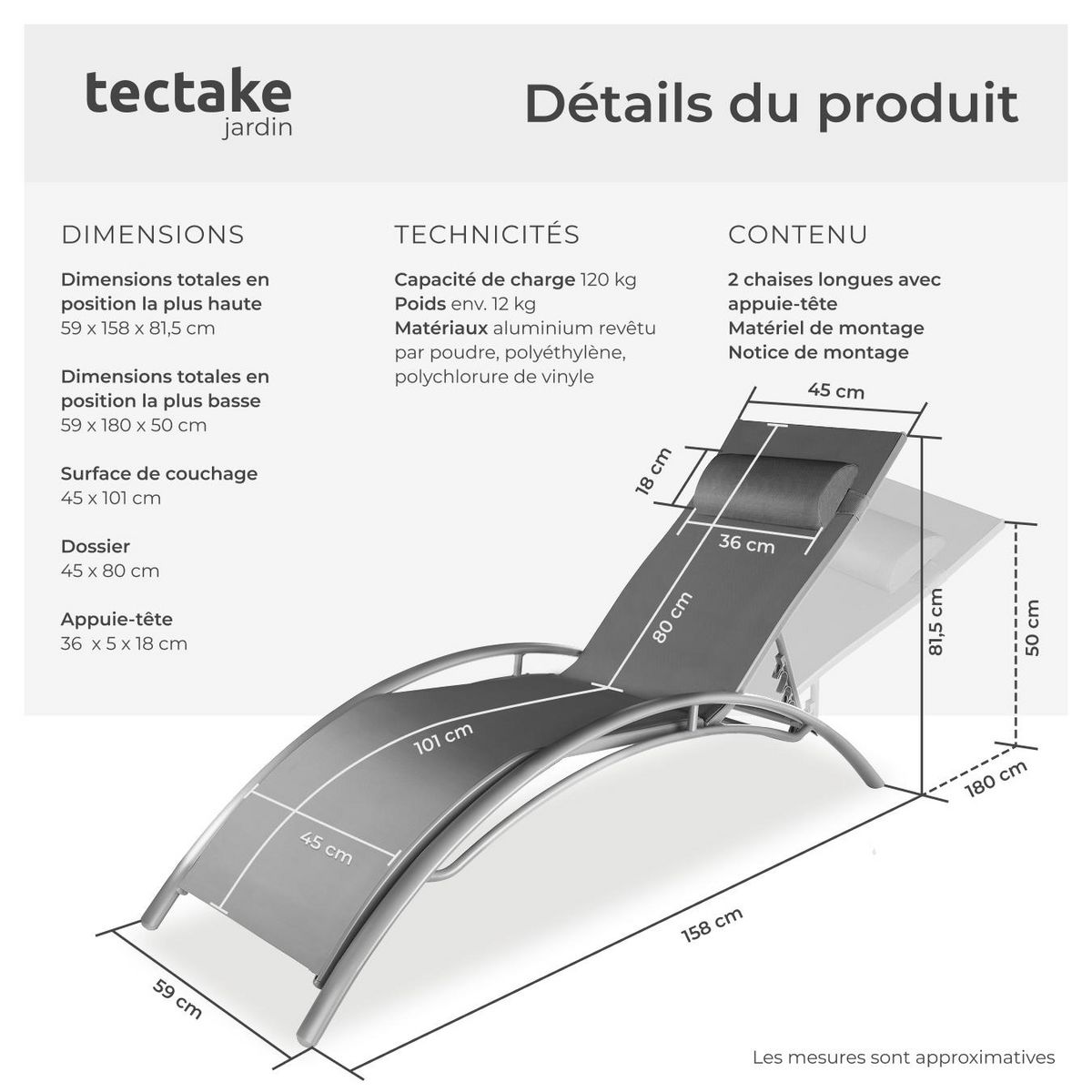 tectake Lot de 2 transats de jardin en acier avec assise en textilène gris