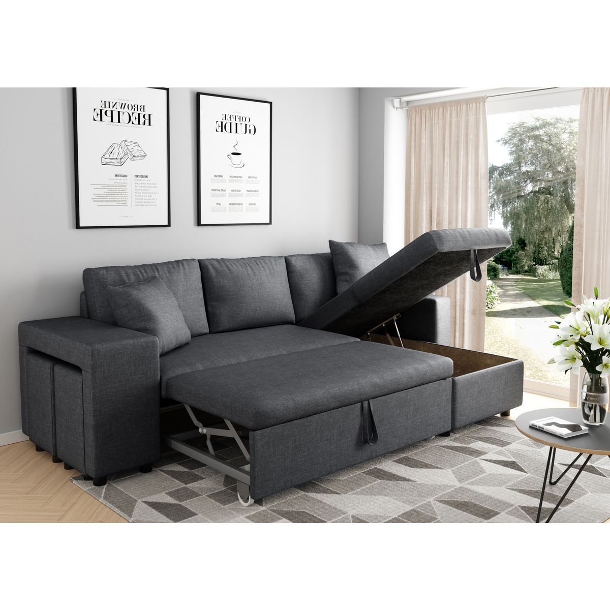  Canapé 3 places d'angle Droit convertible avec coffre Tissu gris foncé+ 2 poufs inclus ANETTA