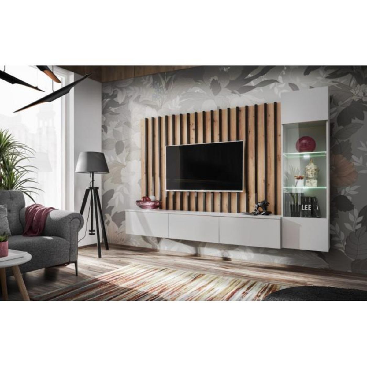 Paris Prix Ensemble Meuble TV Design  Verti  220cm Gris & Naturel