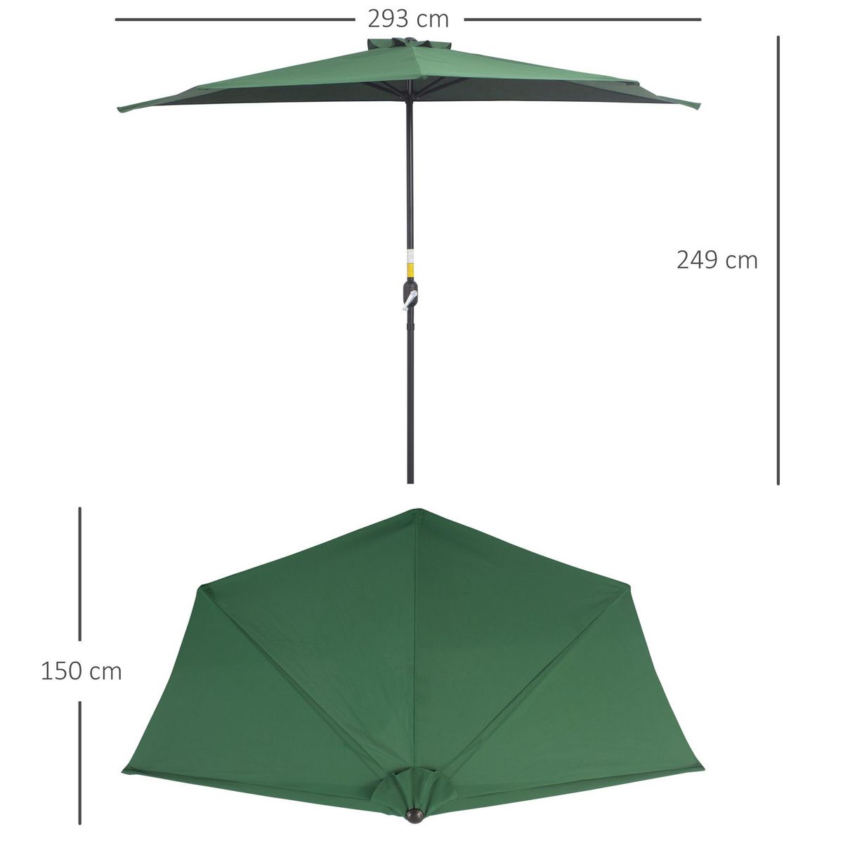 OUTSUNNY Demi parasol - parasol de balcon 5 entretoises métal - 2,93 x 1,5 x 2,49 m - polyester haute densité vert
