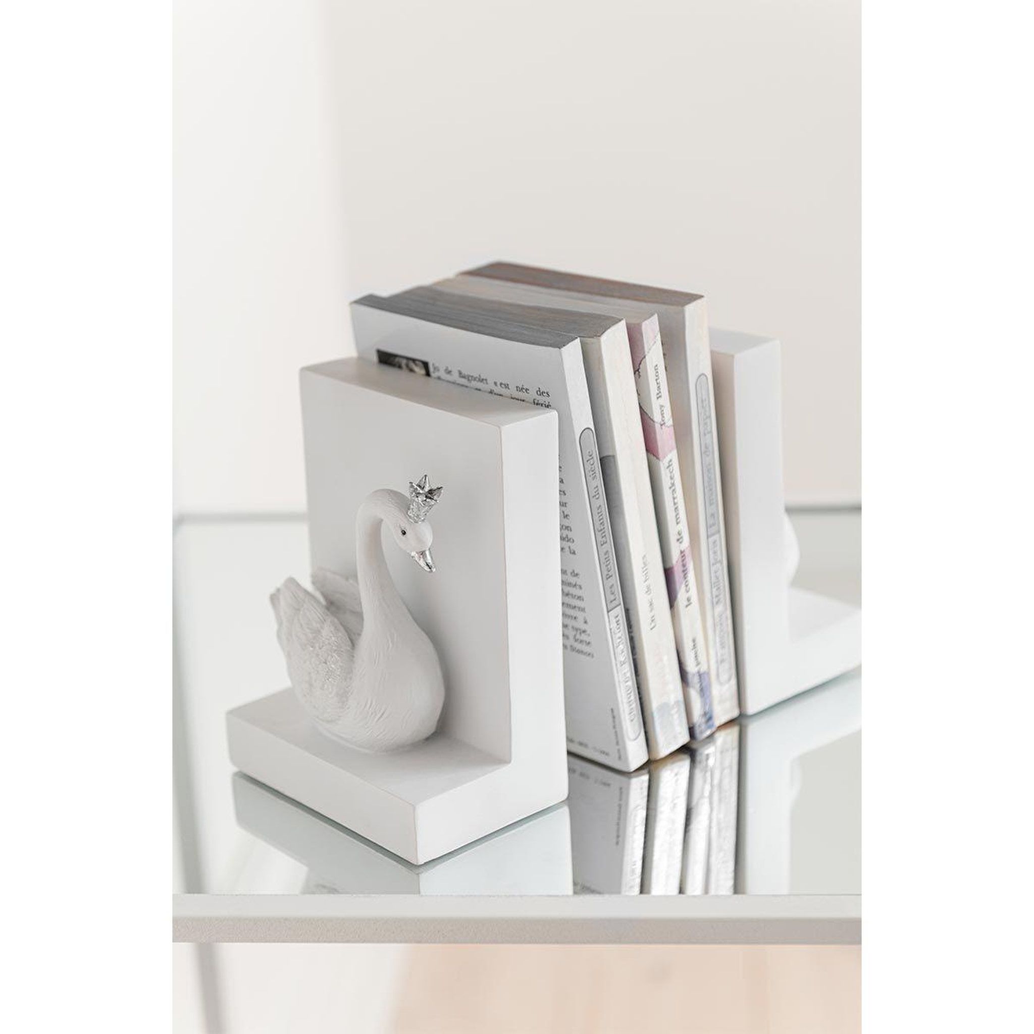 Voir la diapositive 3 : J-LINE Lot de 2 serre-livres  cygne  14cm blanc & argent