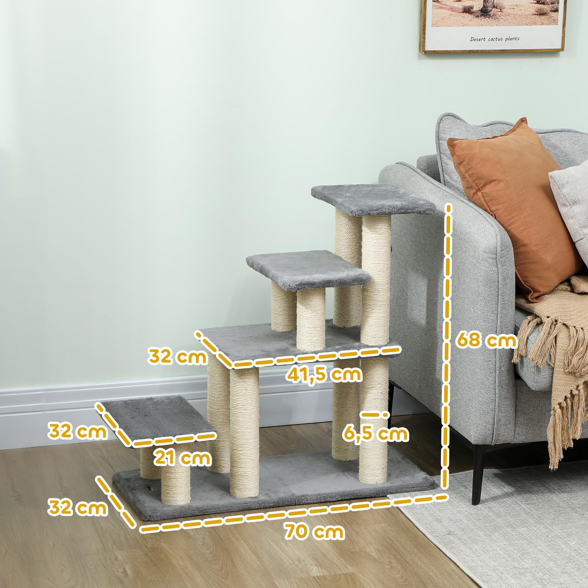 Voir la diapositive 3 : PAWHUT Escalier pour chat 4 marches - 8 poteaux griffoirs, jeu boule suspendue - sisal peluche gris