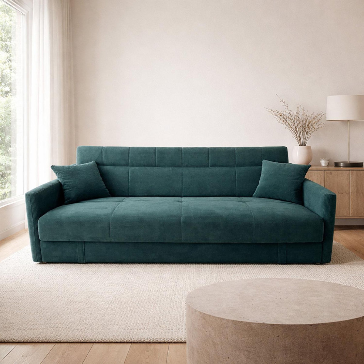CONCEPT USINE Canapé convertible avec coffre en velours côtelé vert 3 places ADARE