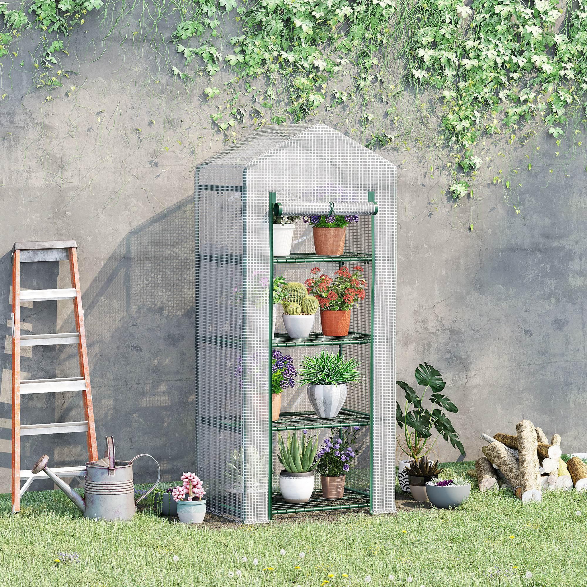 Voir la diapositive 2 : OUTSUNNY Serre de jardin balcon étagère serre 4 niveaux 0,7L x 0,5l x 1,6H m acier galvanisé bâche amovible PE haute densité blanc