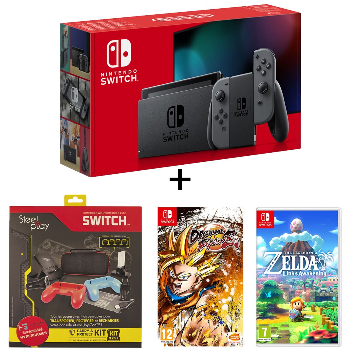 Console Nintendo Switch Joy-Con Gris + Pack de 9 accessoires Nintendo Switch + Dragon Ball FighterZ + The Legend of Zelda Link's Awakening