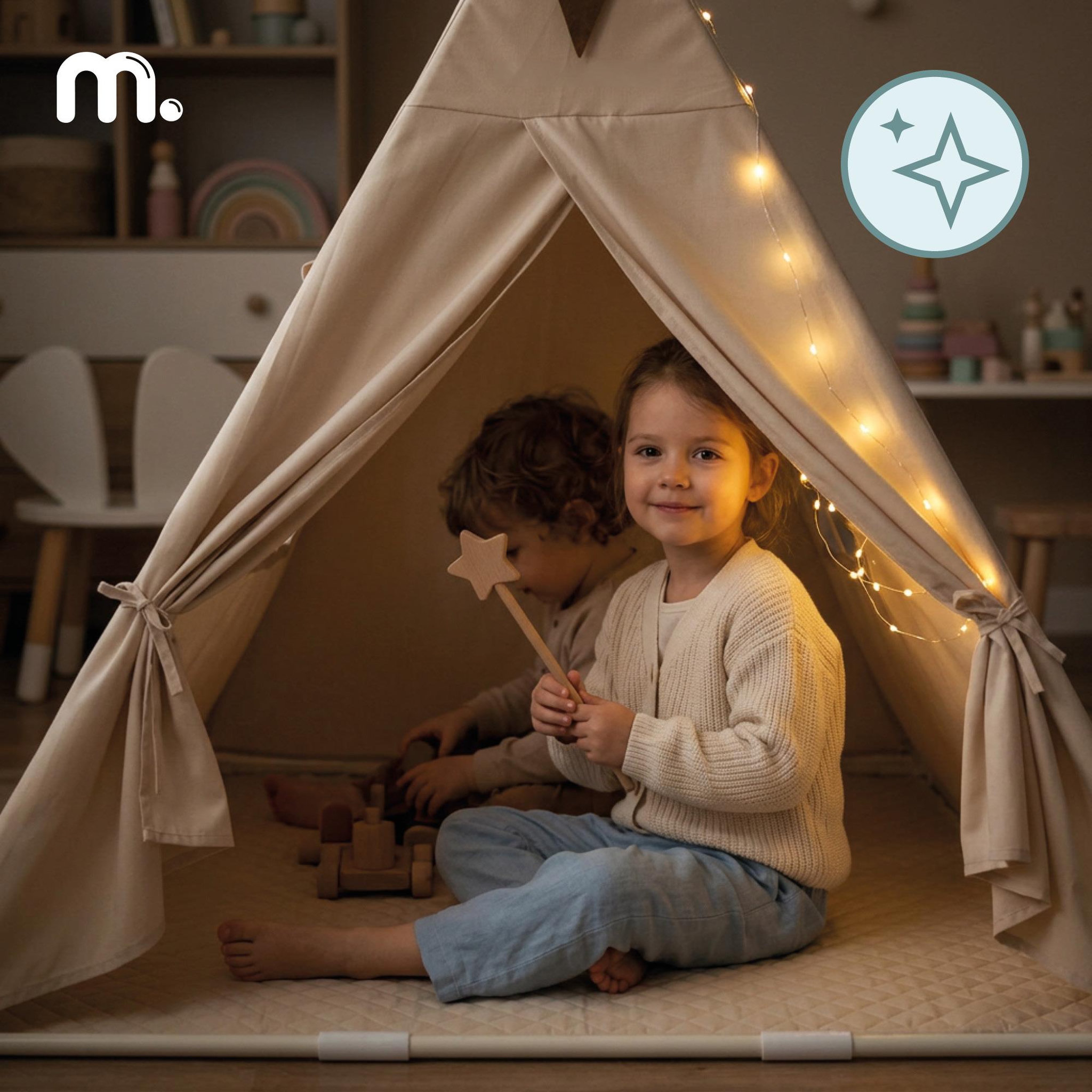 Voir la diapositive 2 : MAMABRUM Tente Tipi de Jeu Enfant Grande Cabane 110x110x120cm avec Guirlande LED et Tapis - Mamabrum