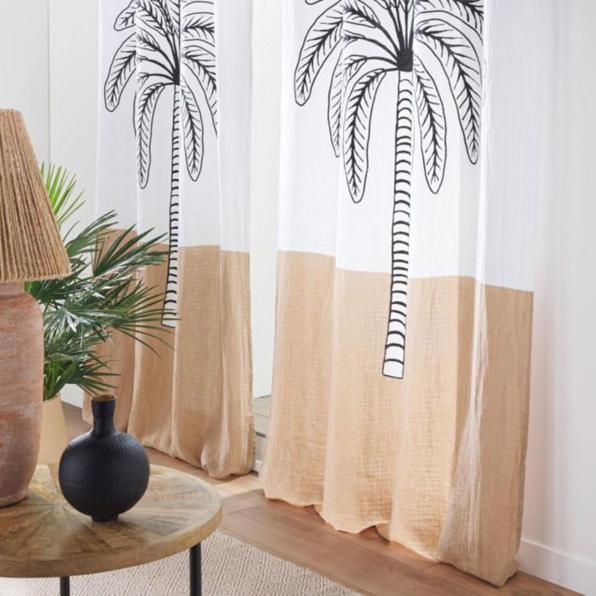 Paris Prix Rideau à Œillets en Gaze de Coton  Oasia  140x240cm Blanc & Camel