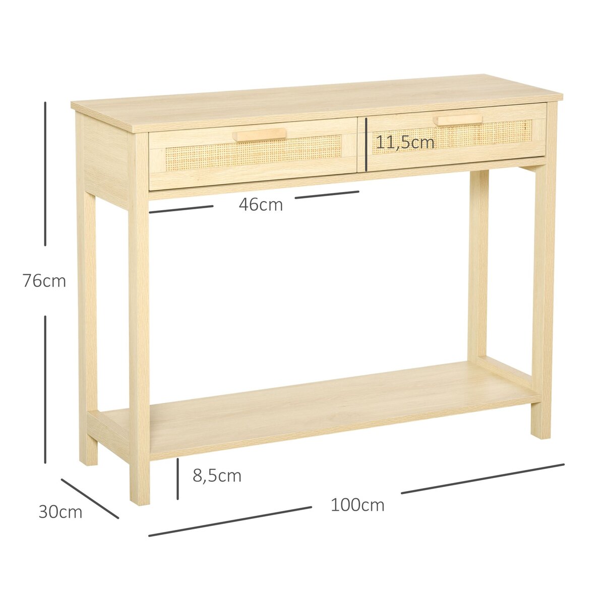 HOMCOM Console table d'appoint dim. 100L x 30l x 76H cm 2 tiroirs façades cannage en rotin étagère MDF aspect bois clair