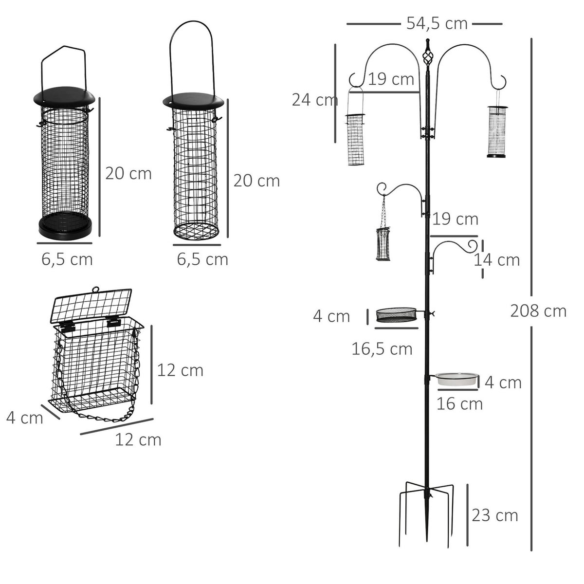 PAWHUT Station d'alimentation pour oiseaux en acier H.208cm 4 crochets contenant eau nourriture