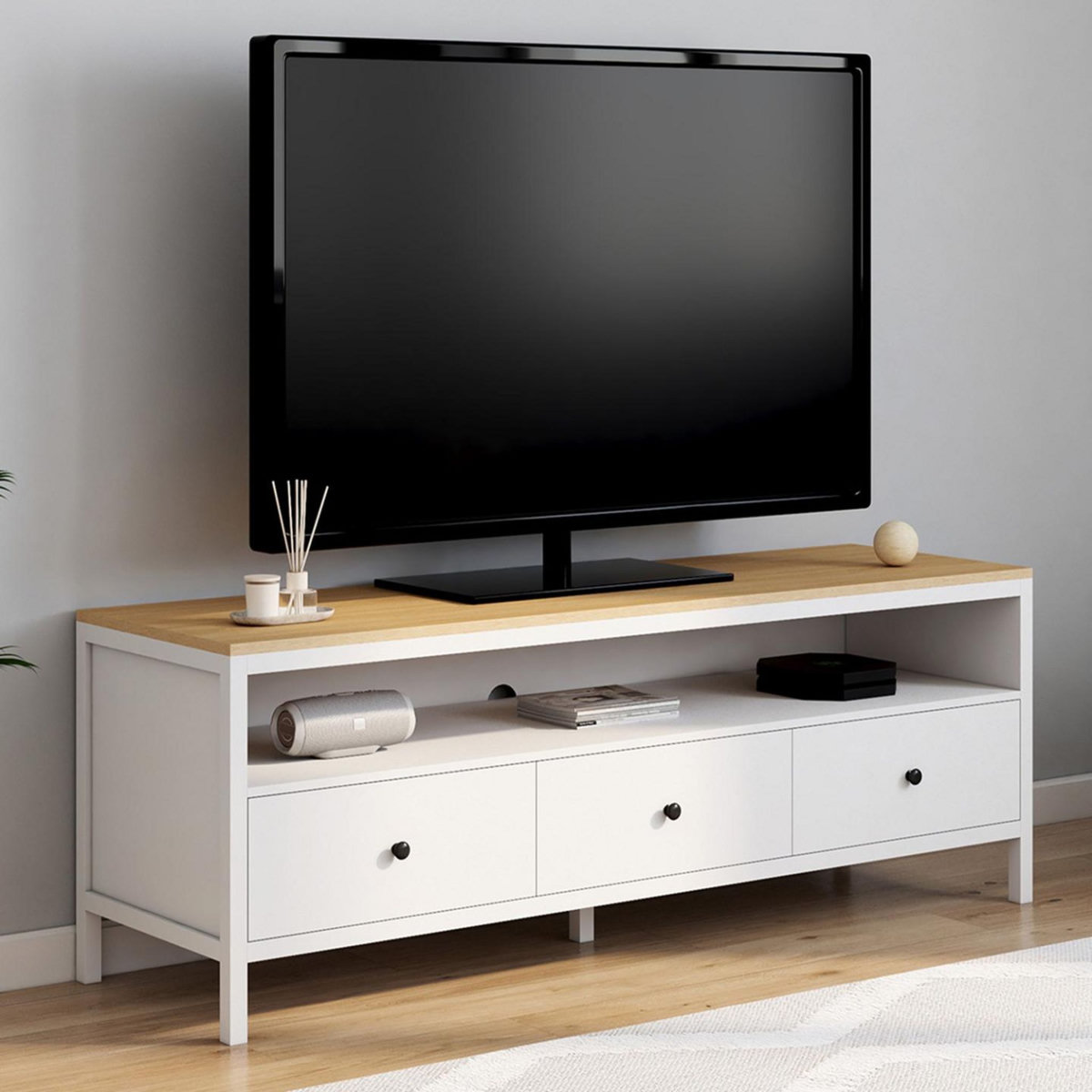 ID MARKET Meuble TV 140 cm ACHILLE 3 tiroirs blanc et plateau bois