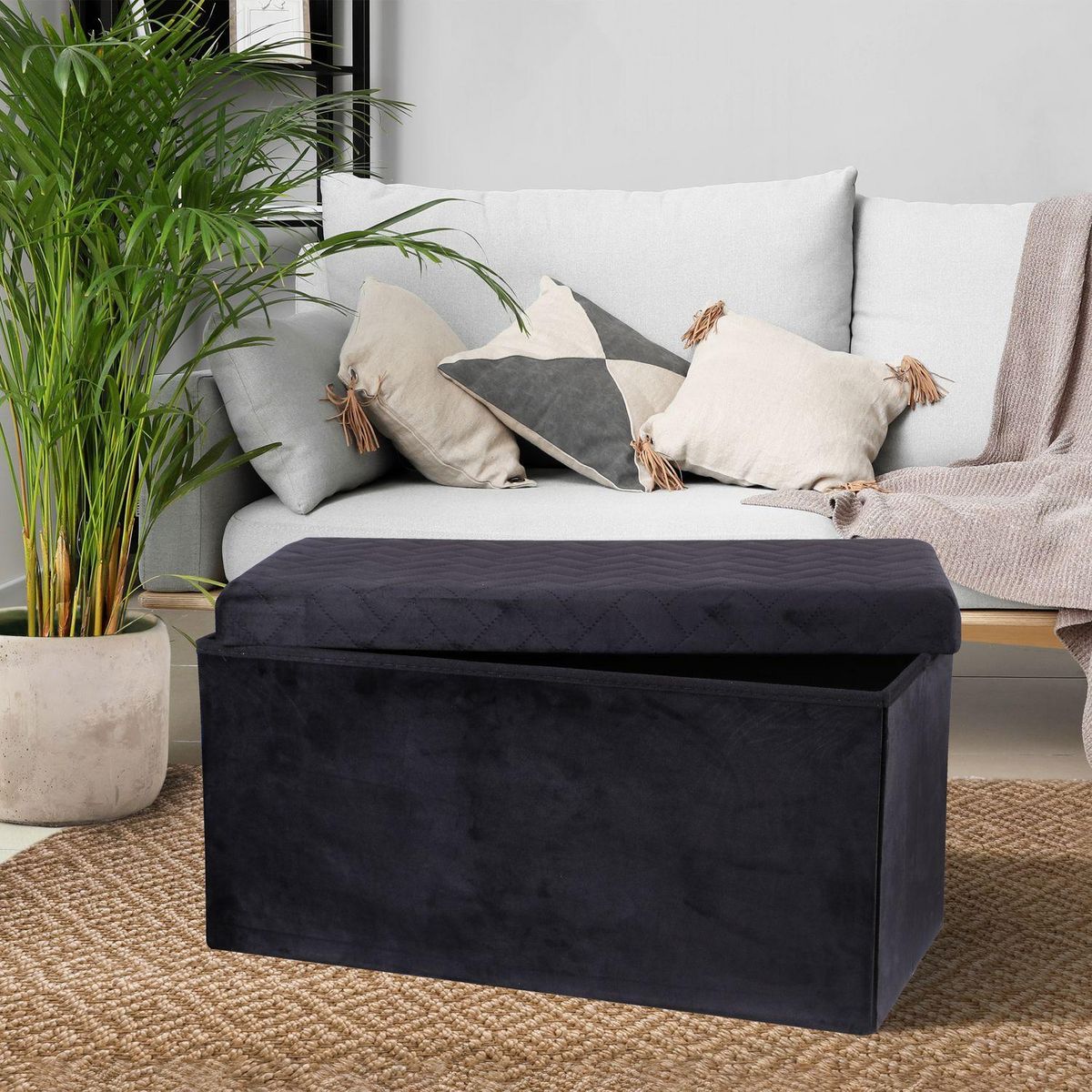 TOILINUX Banc de rangement pliable Kube en velours - Noir