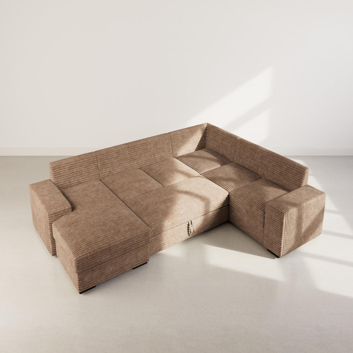 BEST MOBILIER Lorie - canapé panoramique d'angle droit 7 places convertible en velours côtelé grosse côte avec coffre