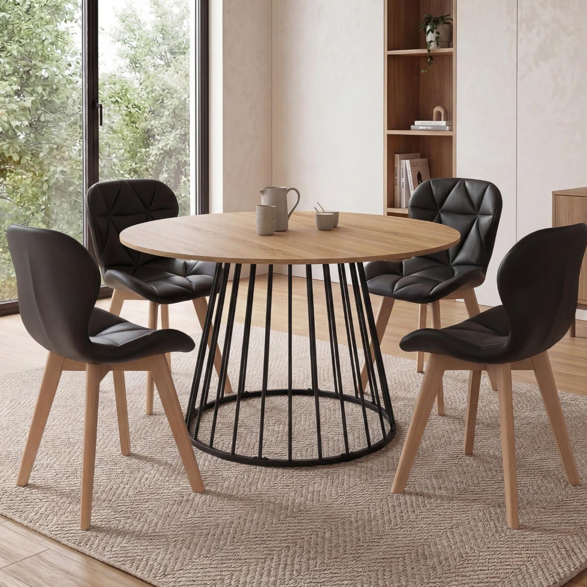 Voir la diapositive 5 : ID MARKET Ensemble table à manger extensible ronde yuna plateau bois et pied filaire en métal 110-150 cm et 4 chaises robine en pu noires