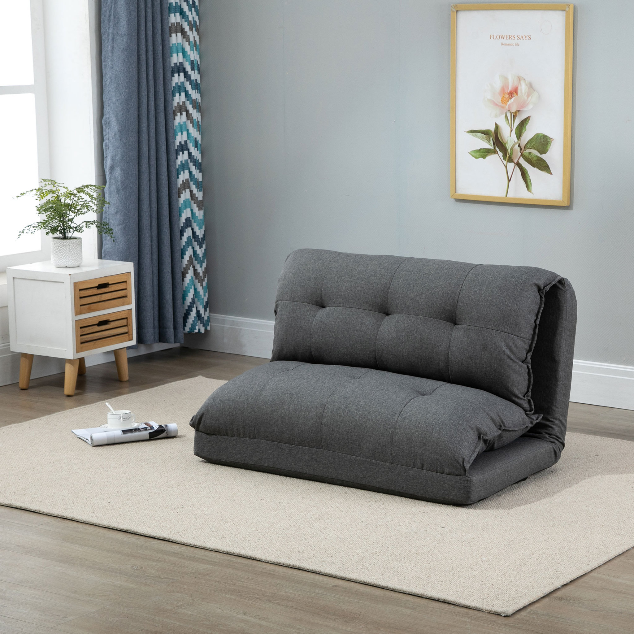 Voir la diapositive 2 : HOMCOM Chauffeuse - matelas d'appoint pliant - fauteuil convertible - inclinaison dossier réglable 13 positions - tissu lin
