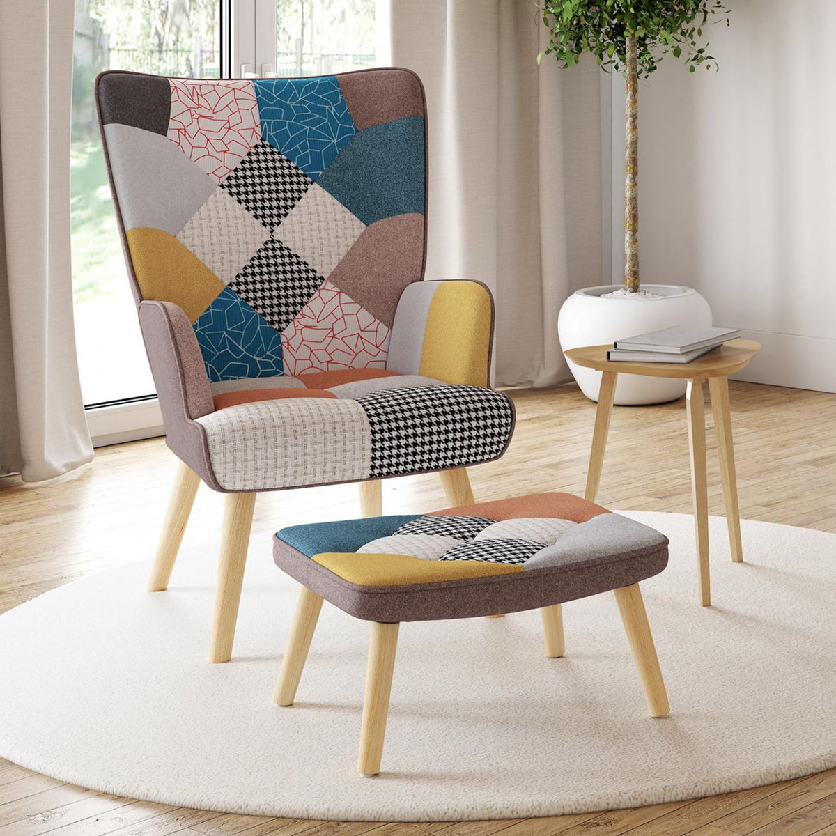 ID MARKET Fauteuil scandinave IVAR avec repose pieds en tissu patchwork multicouleurs