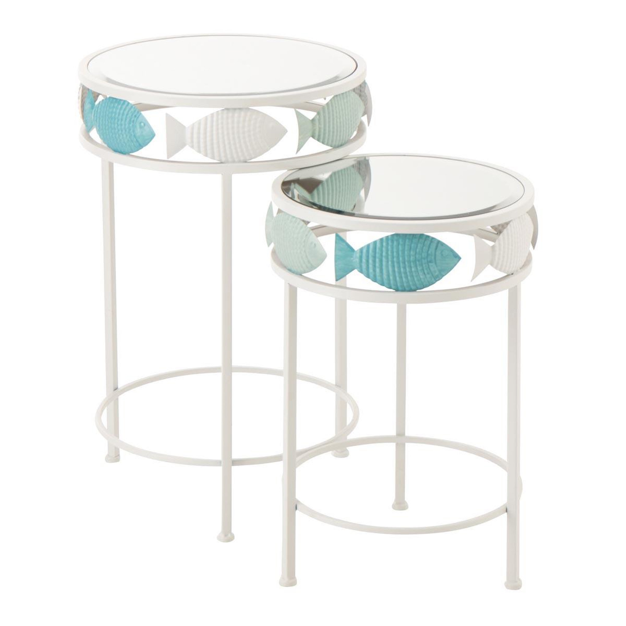 J-LINE Lot de 2 tables d'appoint  poisson  59cm blanc & bleu