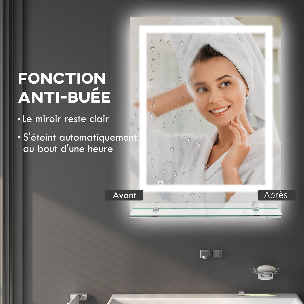 KLEANKIN Miroir lumineux LED 43W antibué réglable interrupteur tactile étagère intégrée 60L x 14P x 80H cm