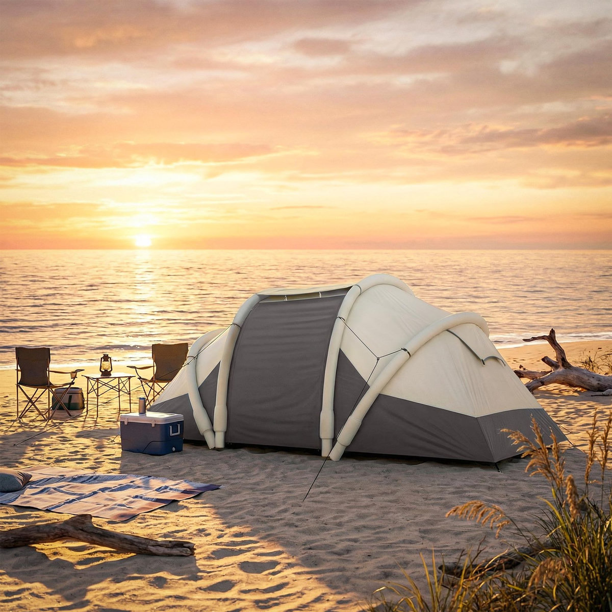 OUTSUNNY Tente gonflable camping 2-4 personnes 3 pièces auvent imperméabilité 3000mm crème taupe-gris