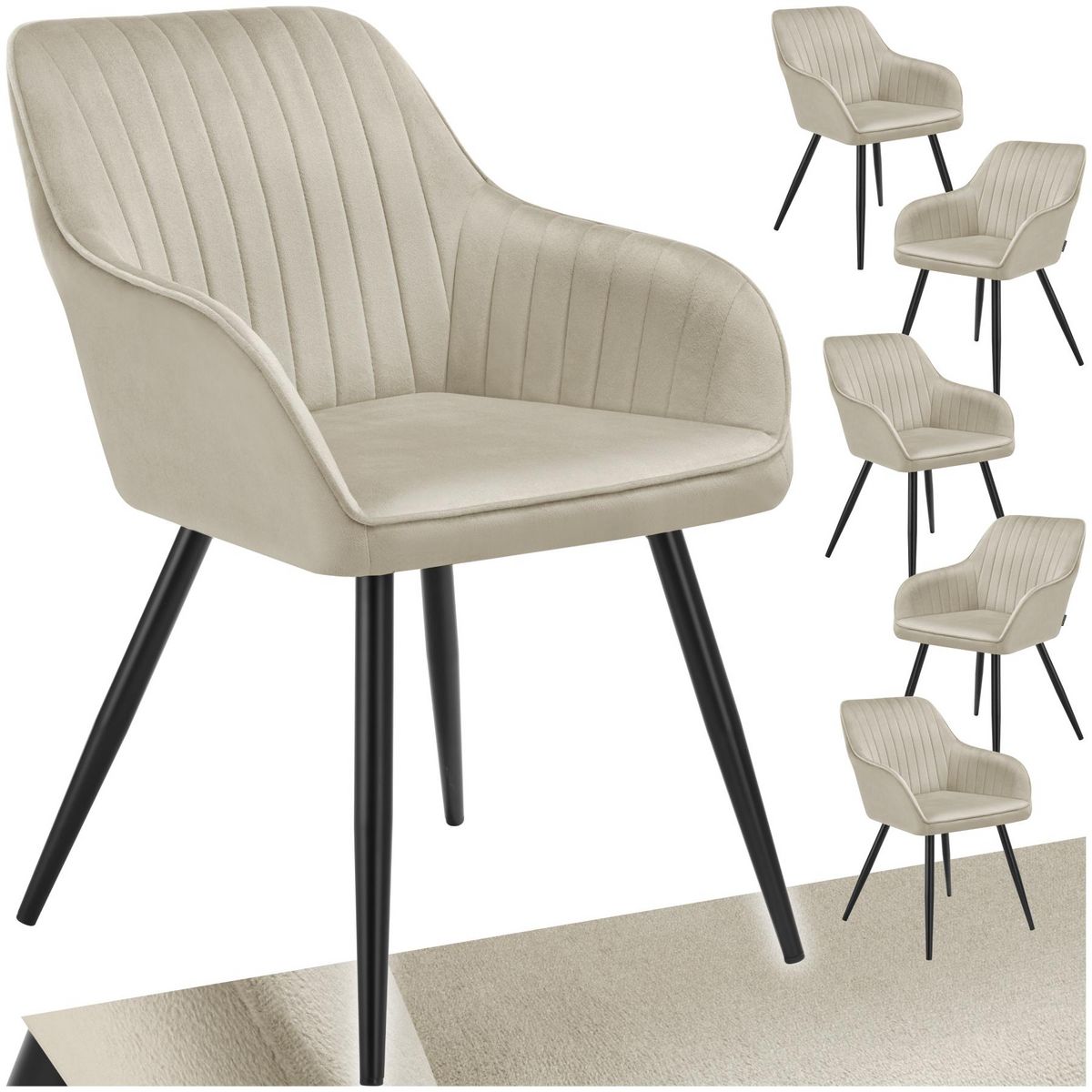 tectake Chaise de salle à manger en velours matelassée et capitonnée crème/noir Lot de 6