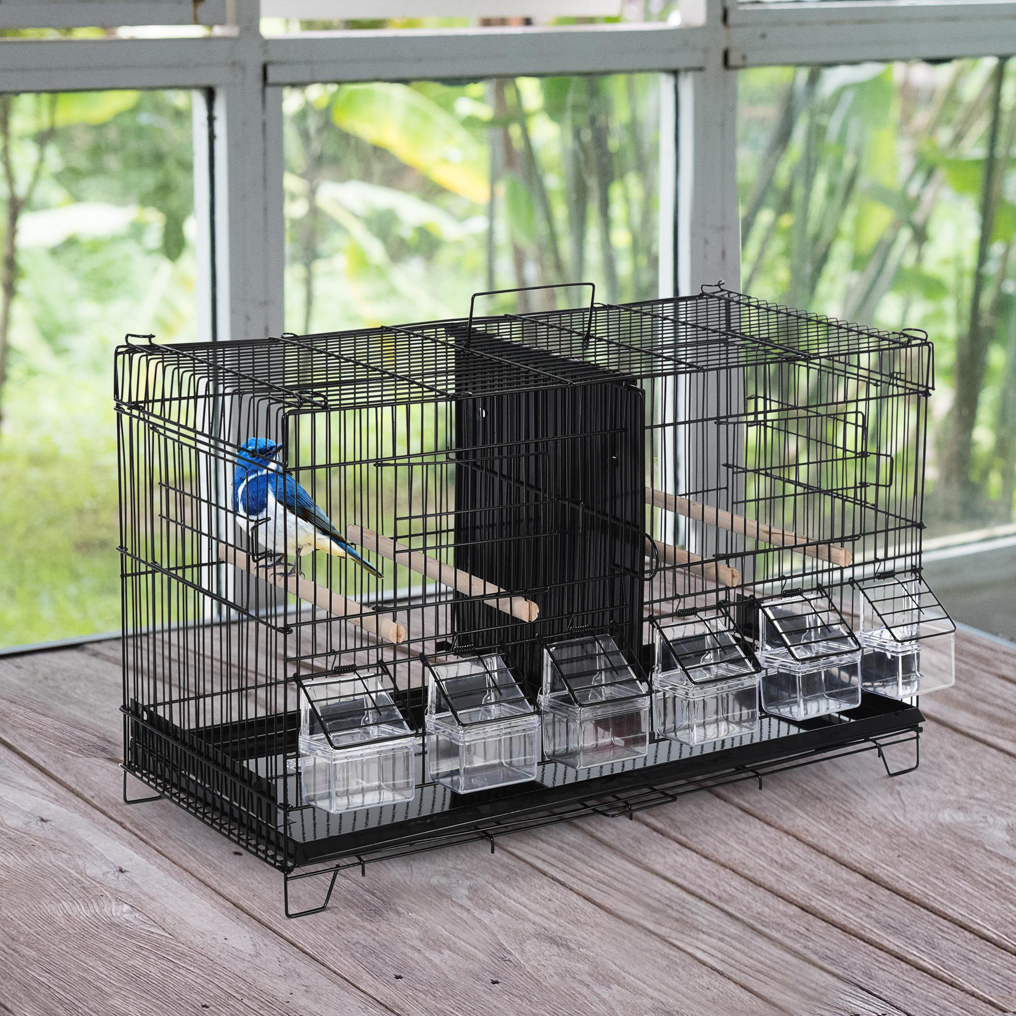 Voir la diapositive 2 : PAWHUT PawHut Cage à oiseaux dim. 59,5L x 29,8I x 35,3H cm mangeoires perchoirs 4 portes plateau excrément amovible + poignée transport métal PP noir