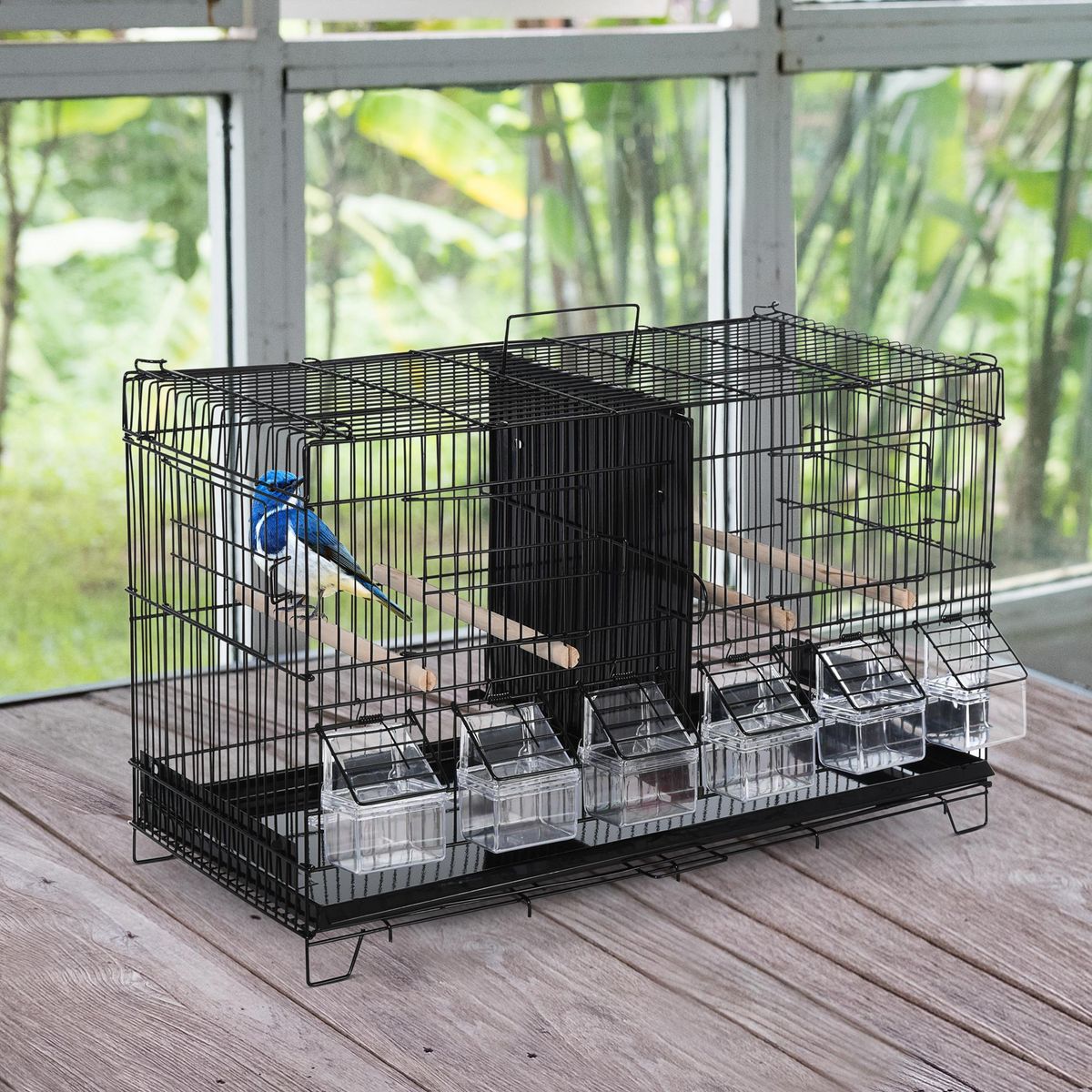 PAWHUT PawHut Cage à oiseaux dim. 59,5L x 29,8I x 35,3H cm mangeoires perchoirs 4 portes plateau excrément amovible + poignée transport métal PP noir