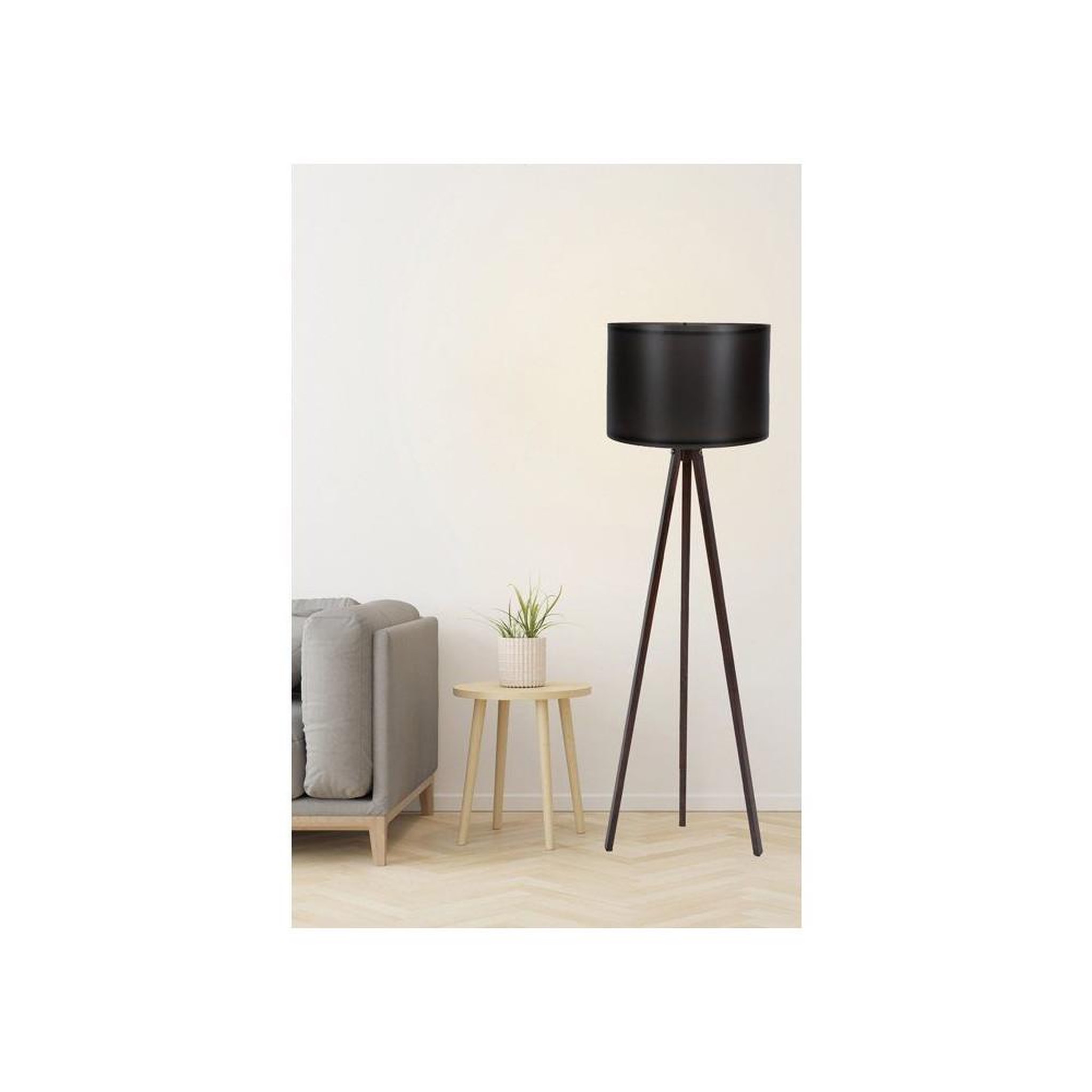 Voir la diapositive 2 : Lampadaire style nordique 145 cm, cadre MDF noir et pieds chêne-noir, abat-jour cylindre en polypropylène
