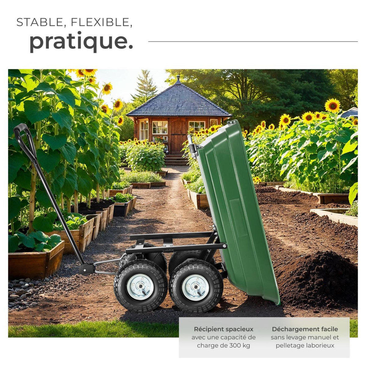 tectake Chariot de jardin et de transport inclinable vert