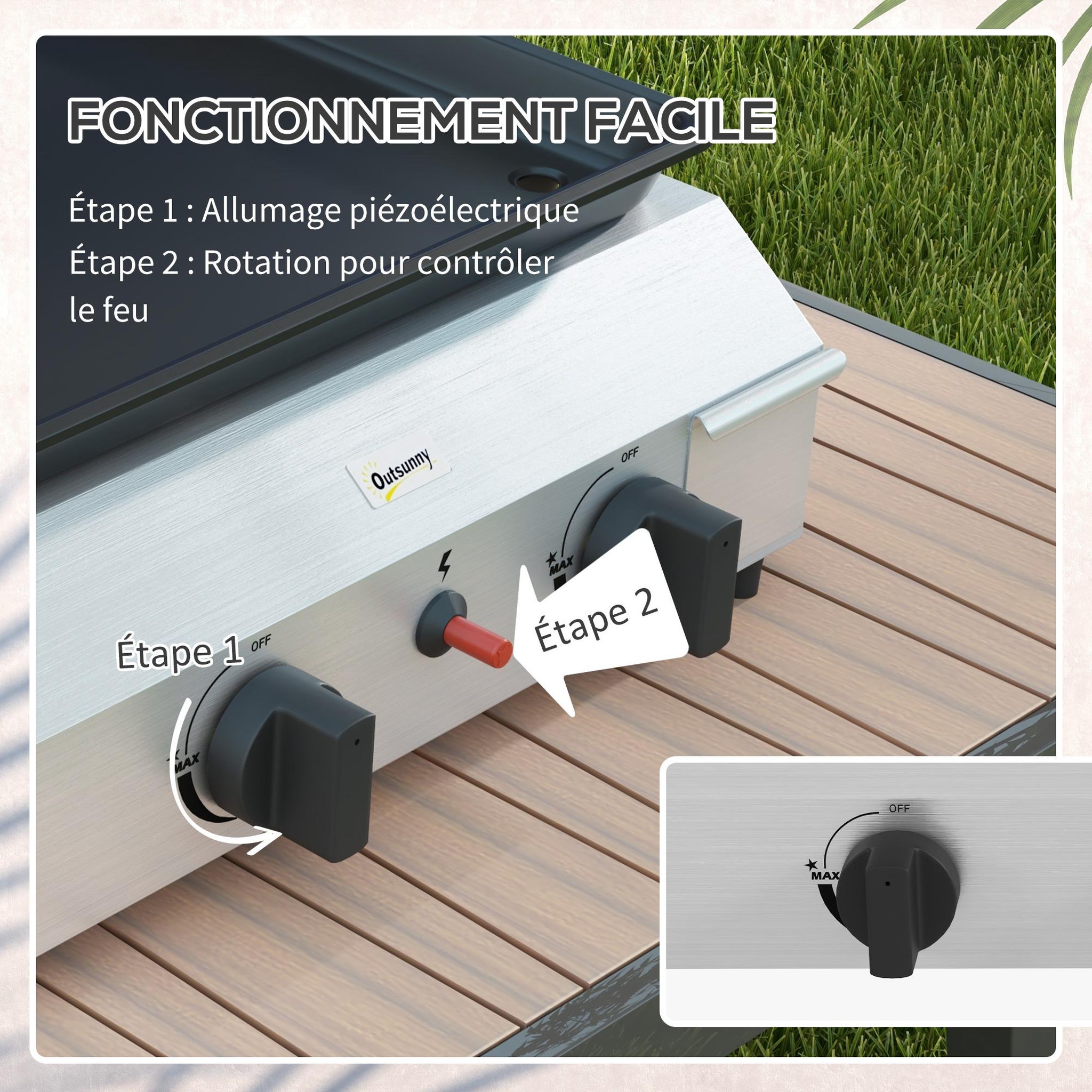 Voir la diapositive 5 : OUTSUNNY Plancha gaz portable antiadhésive 2 brûleurs 4,8 kW surface cuisson 40L x 34l cm acier inox émaillé