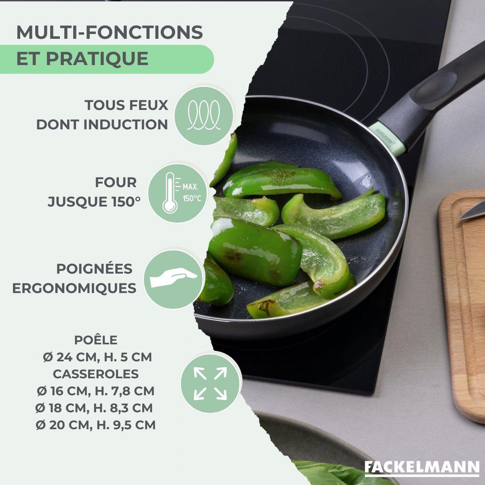 Voir la diapositive 3 : Fackelmann Batterie de cuisine avec 1 poêle 24 cm et 3 casseroles 16/18/20 cm et 5 ustensiles de cuisine fackelmann brandao océan