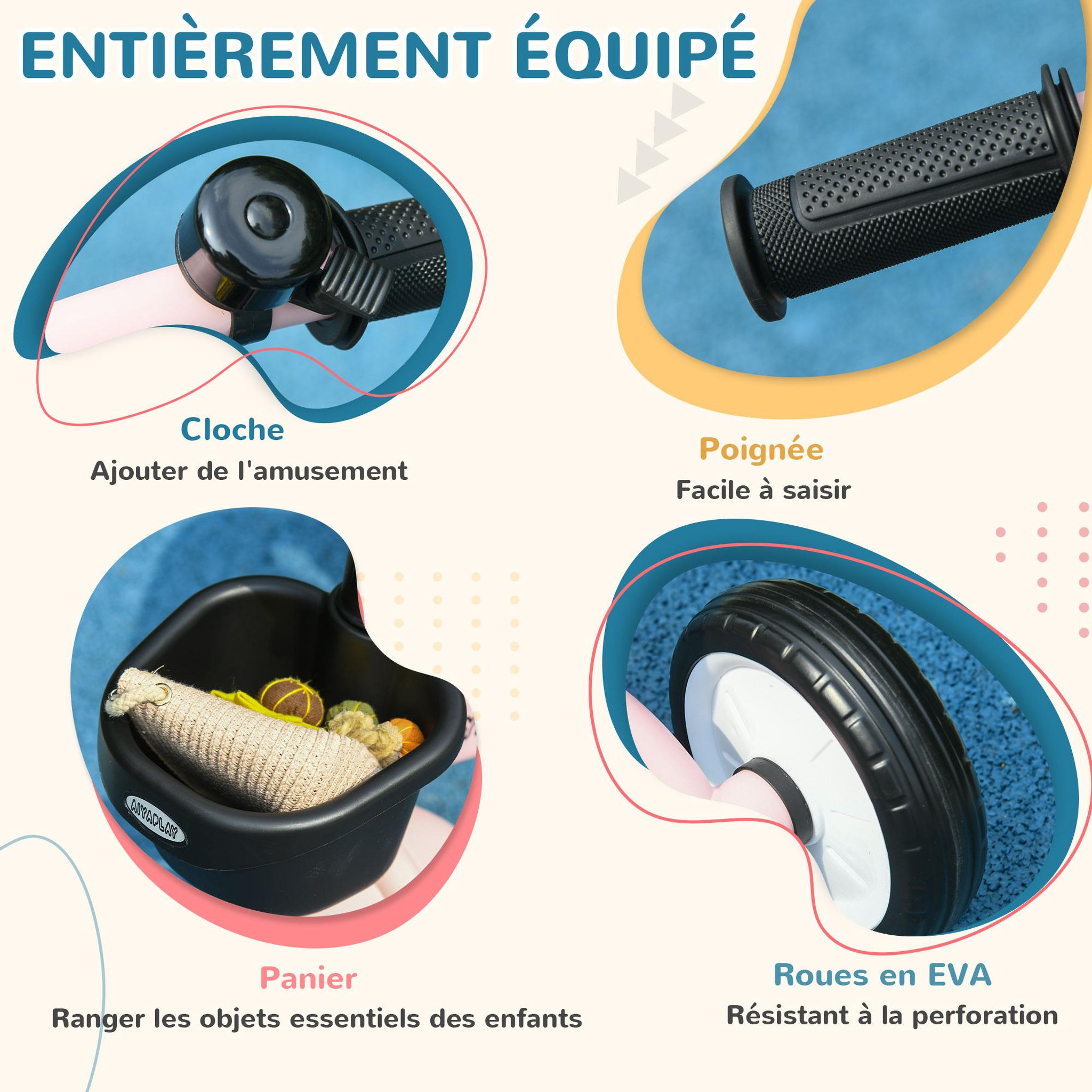 Voir la diapositive 4 : HOMCOM Tricycle enfant multi-équipé garde-boue sonnette panier pédales antidérapantes siège réglable avec dossier métal rose