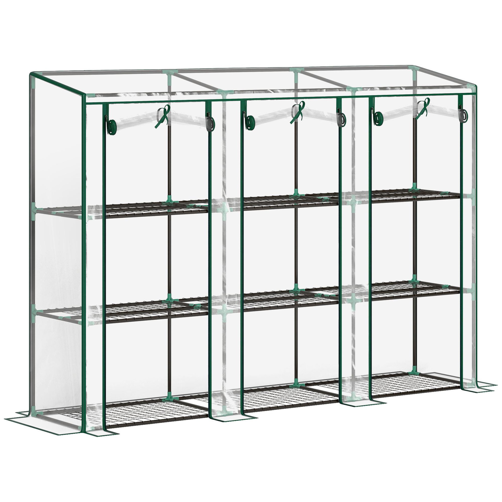 OUTSUNNY Serre de jardin balcon avec étagères métalliques 3 niveaux 3 portes acier noir PVC transparent