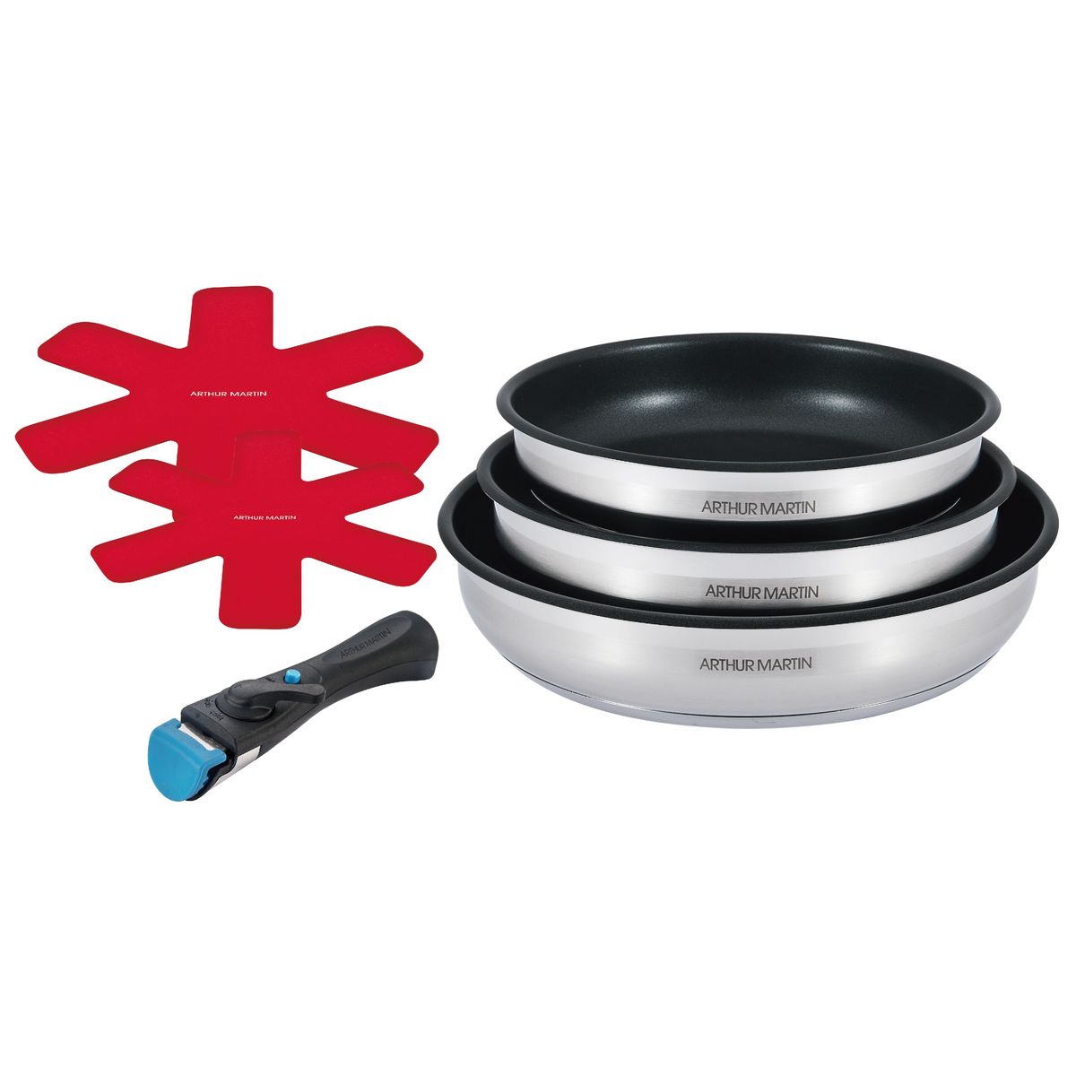 Arthur Martin Set de 3poêles induction  amovible en inox + 2 protèges poêles