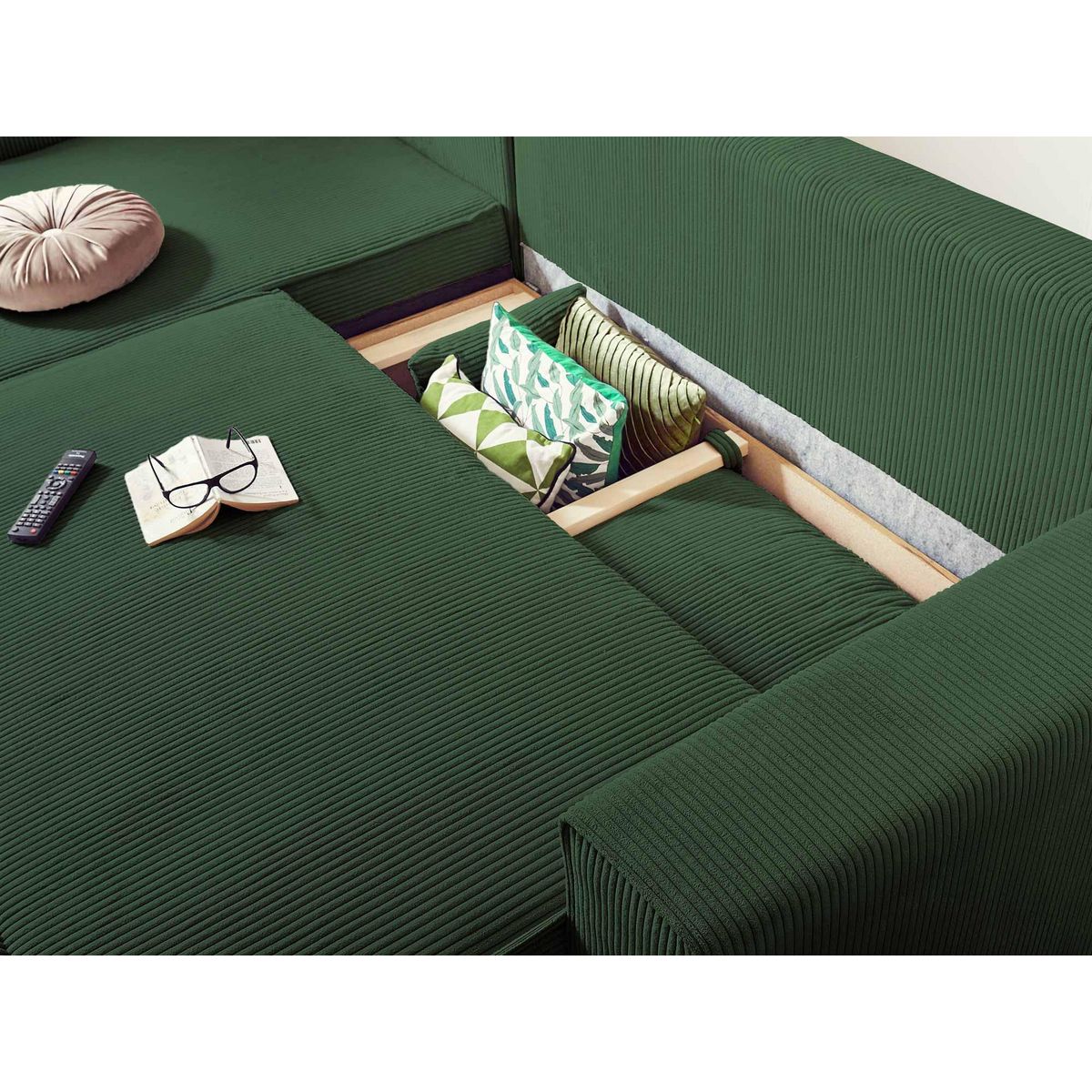 BEST MOBILIER Dellia - canapé d'angle réversible convertible - avec coffre - en velours côtelé - 4 places