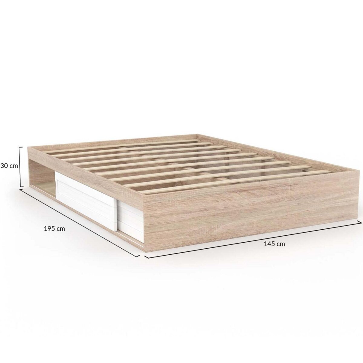 ID MARKET Cadre de lit double SALEM avec rangements et sommier 140 x 190 cm façon hêtre et blanc