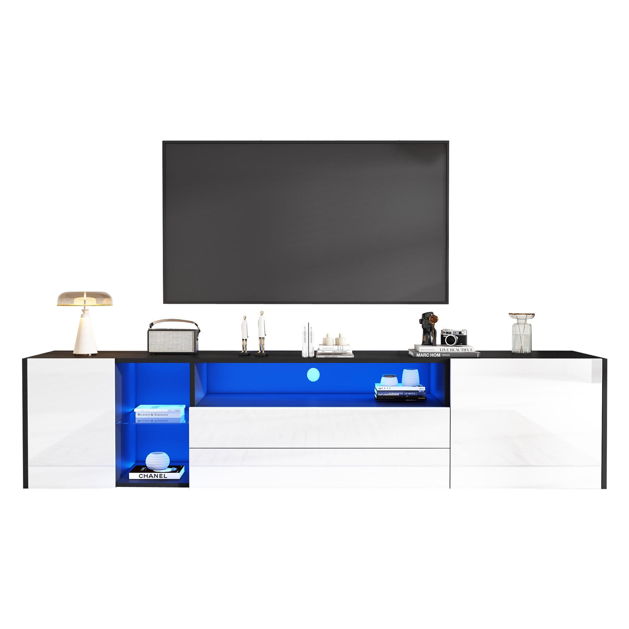 MERAX Meuble tv noir+blanc 180cm led panneau de particules